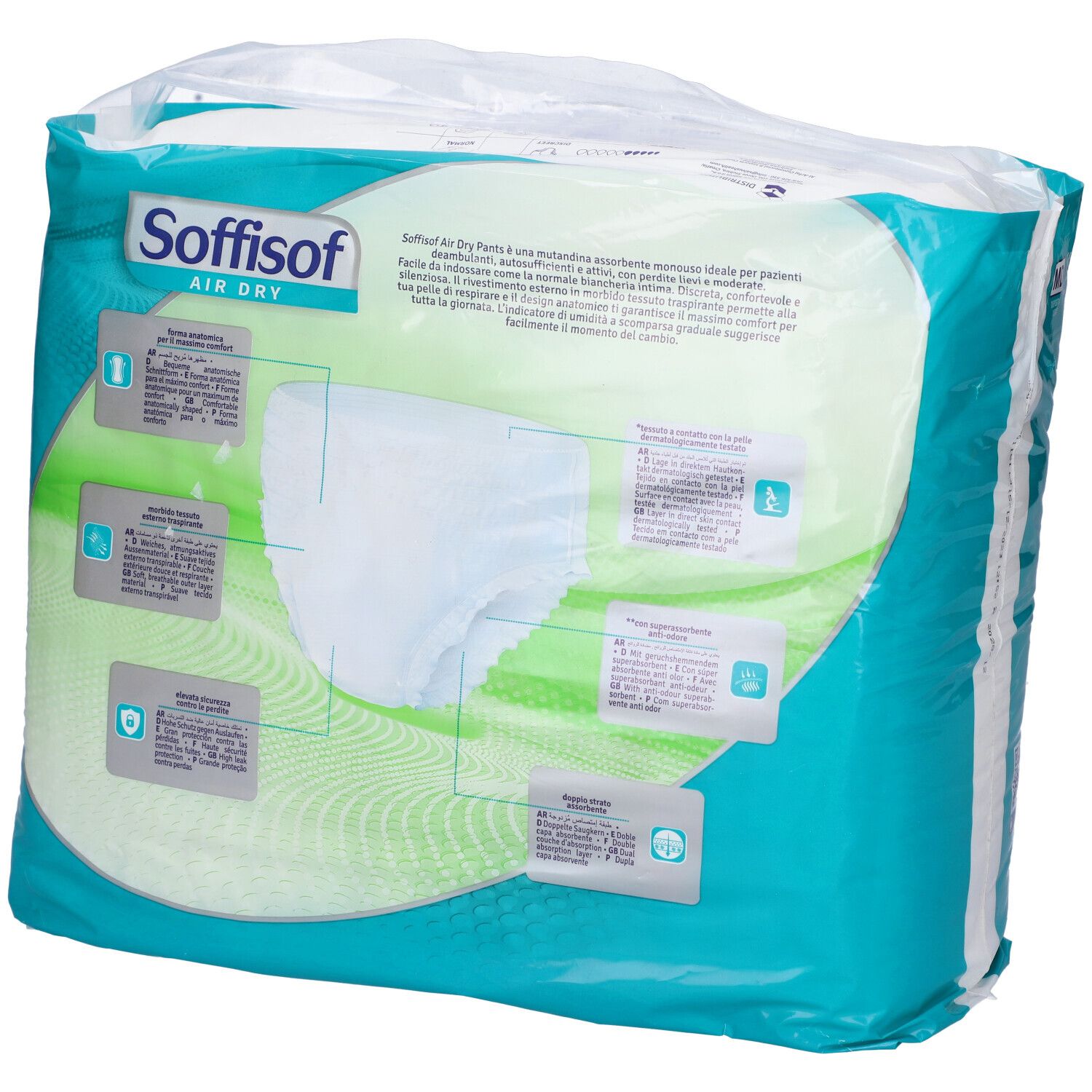 Verpakking Soffisof Air Dry Pants. Informatie en pictogrammen op de achterkant. Productbeschrijving.
