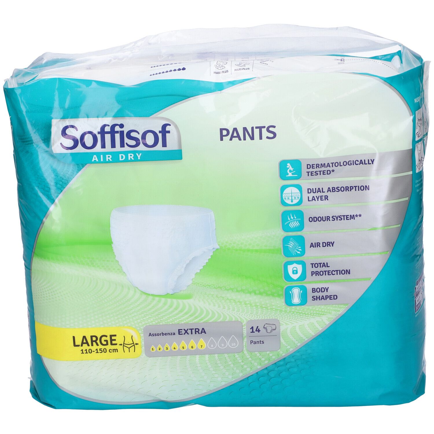 Verpakking Soffisof Air Dry Pants, maat L, 110-150 cm, 14 stuks. Extra absorptie. Dermatologisch getest. Lichaamsvorm.