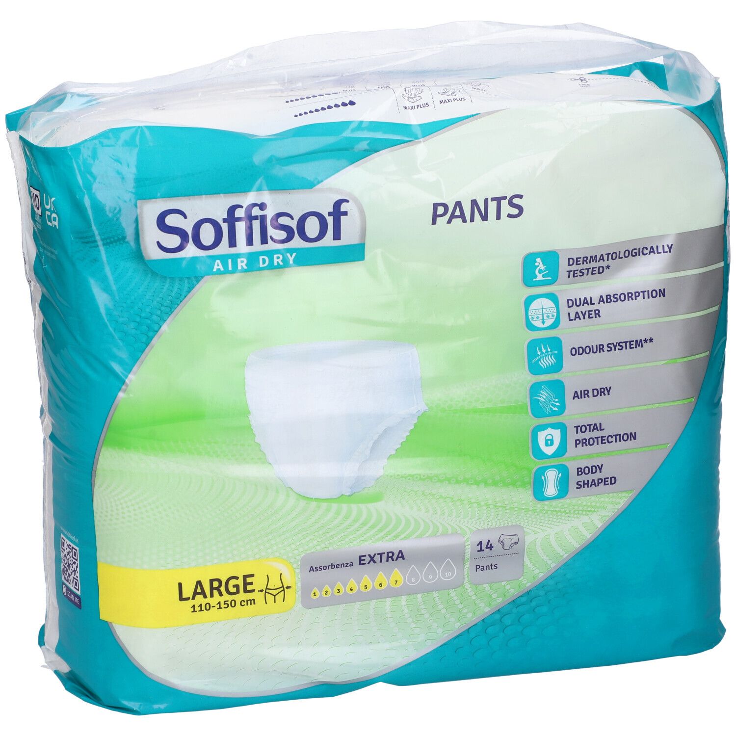 Verpakking Soffisof Air Dry Pants, maat L, 110-150 cm, 14 stuks. Extra absorptie. Dermatologisch getest. Lichaamsvorm.
