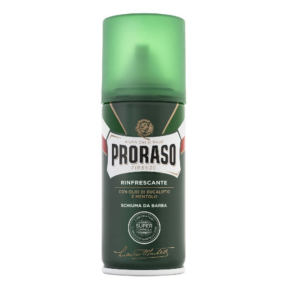 Bombe verte avec bouchon vert. Inscription : PRORASO, Rinfrescante, Schiuma da Barba. Avec sceau.