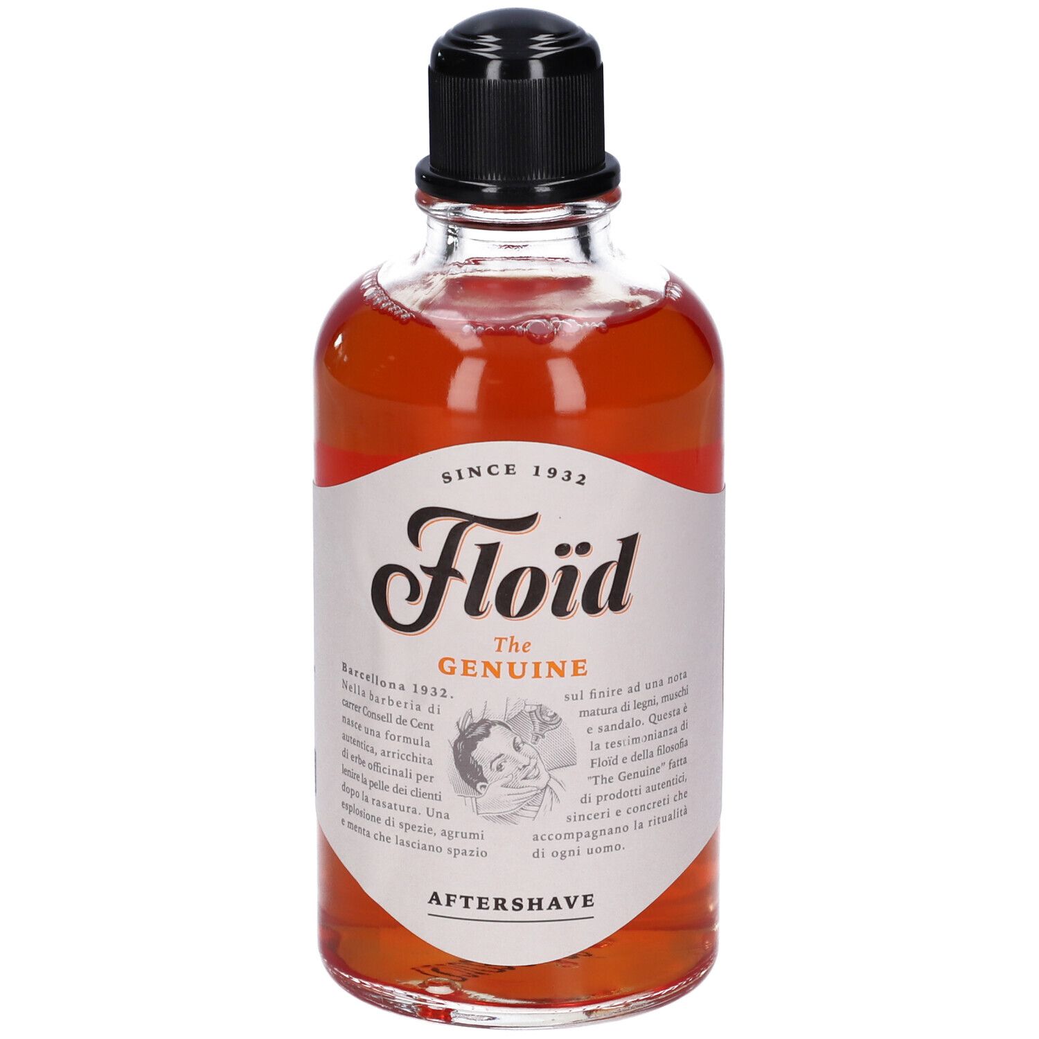 Floïd Aftershave in glazen fles met zwarte dop. Oranje vloeistof.