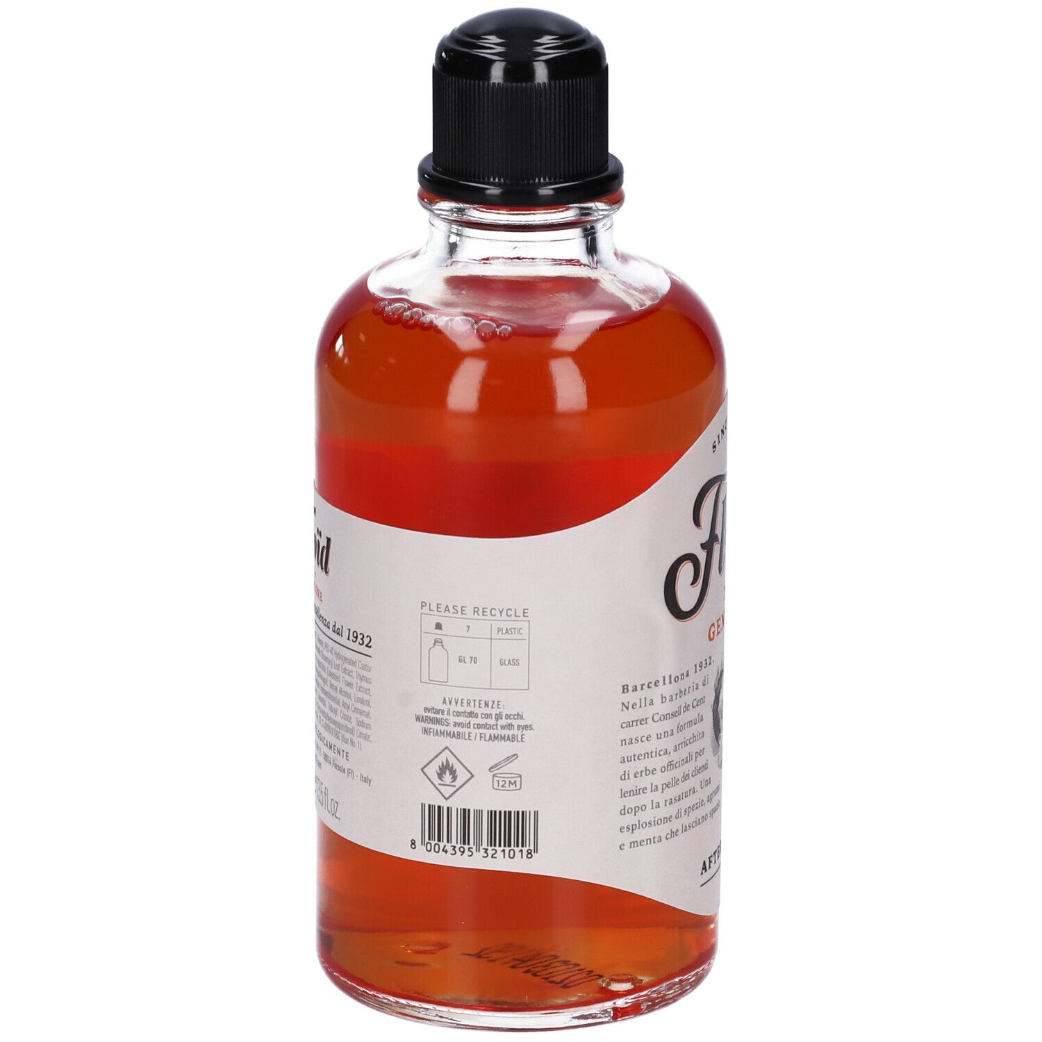 Glazen fles met zwarte dop, gevuld met oranjerode vloeistof. Etiket met productinformatie en recycling-symbolen.