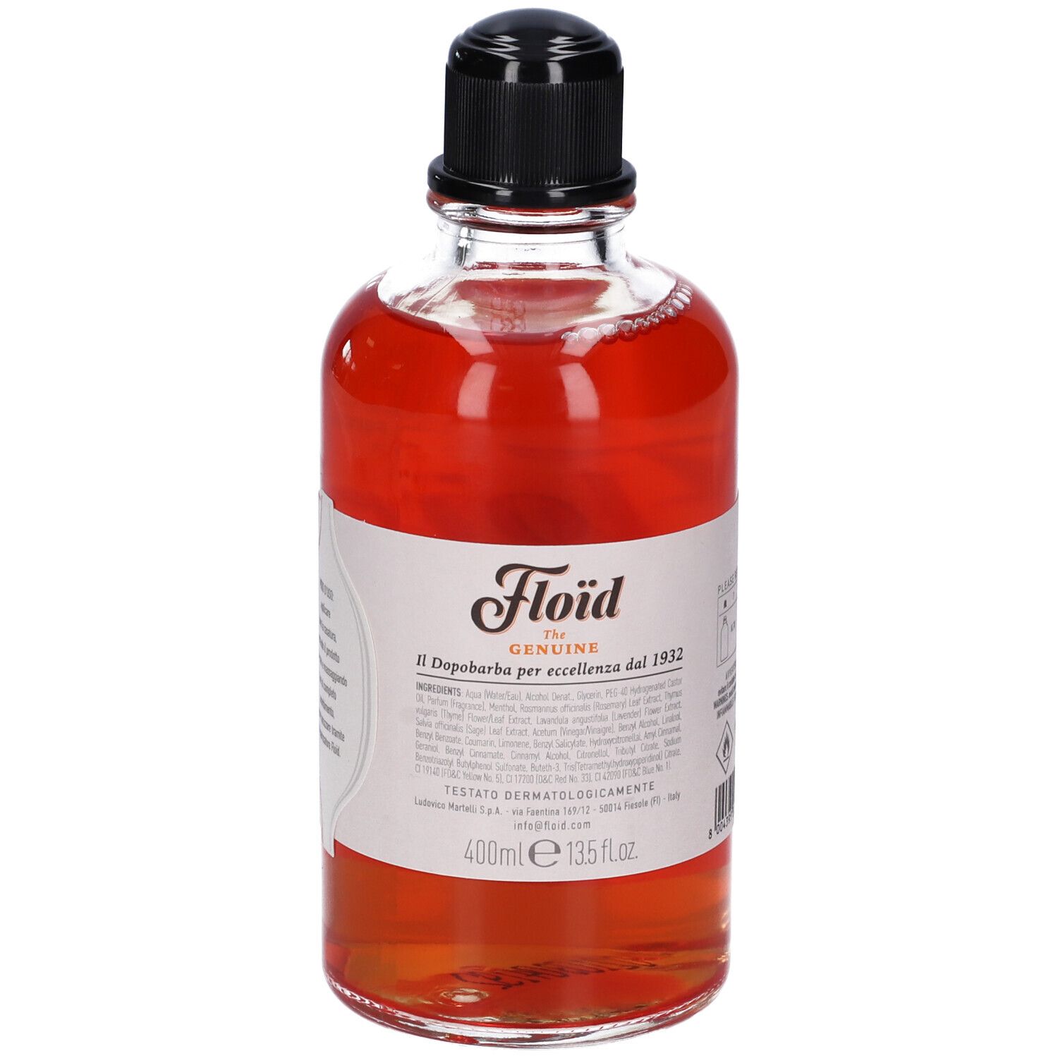 Floïd The Genuine fles met rode vloeistof en zwarte dop. Bevat 400ml.
