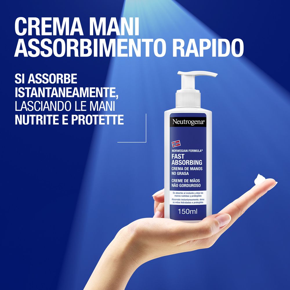 Main tenant de la crème. Flacon avec pompe. Texte: Crema Mani Assorbimento Rapido.