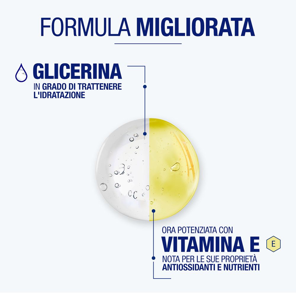 Gros plan sur la glycérine et la vitamine E. Texte: Formula Migliorata.