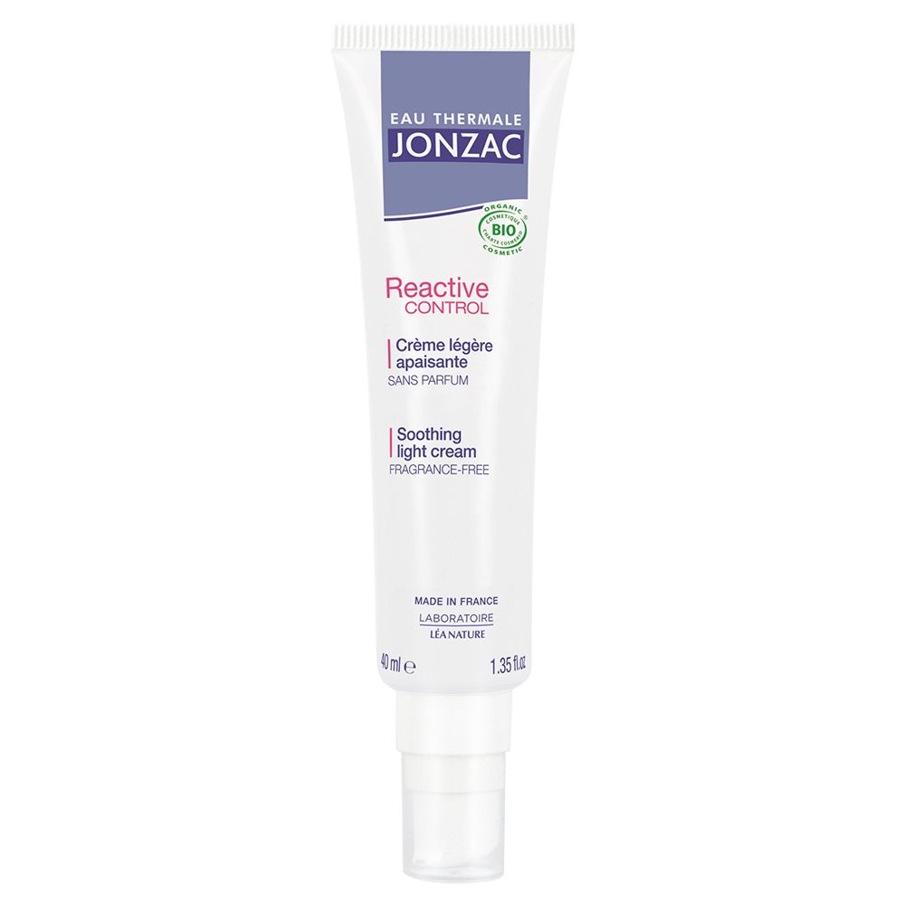 Tube blanc et violet. Texte: Eau Thermale Jonzac, Reactive Control, Crème légère apaisante, sans parfum. Logo Bio.