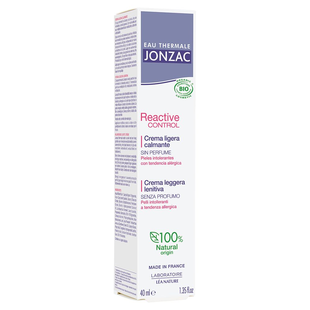 Boîte blanche et violette. Texte: Eau Thermale Jonzac, Reactive Control, Crème légère calmante, sin perfume. Logo Bio.