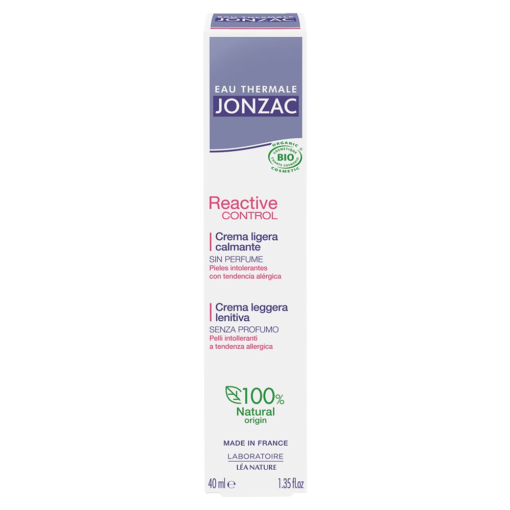 Boîte blanche et violette. Texte: Eau Thermale Jonzac, Reactive Control, Crème légère calmante, sin perfume. Logo Bio.