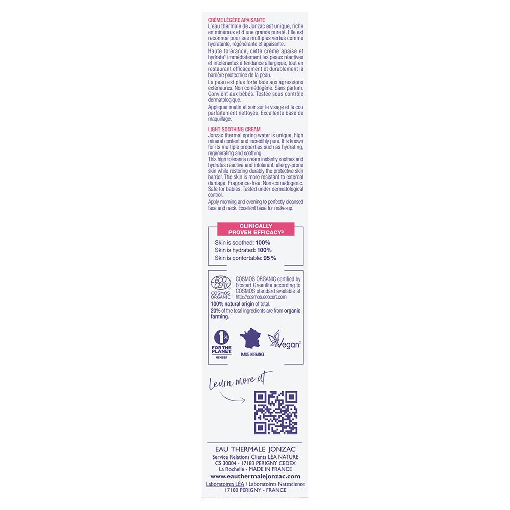 Côté de la boîte. Texte: Crème légère apaisante. Informations d'utilisation et ingrédients. Logos.