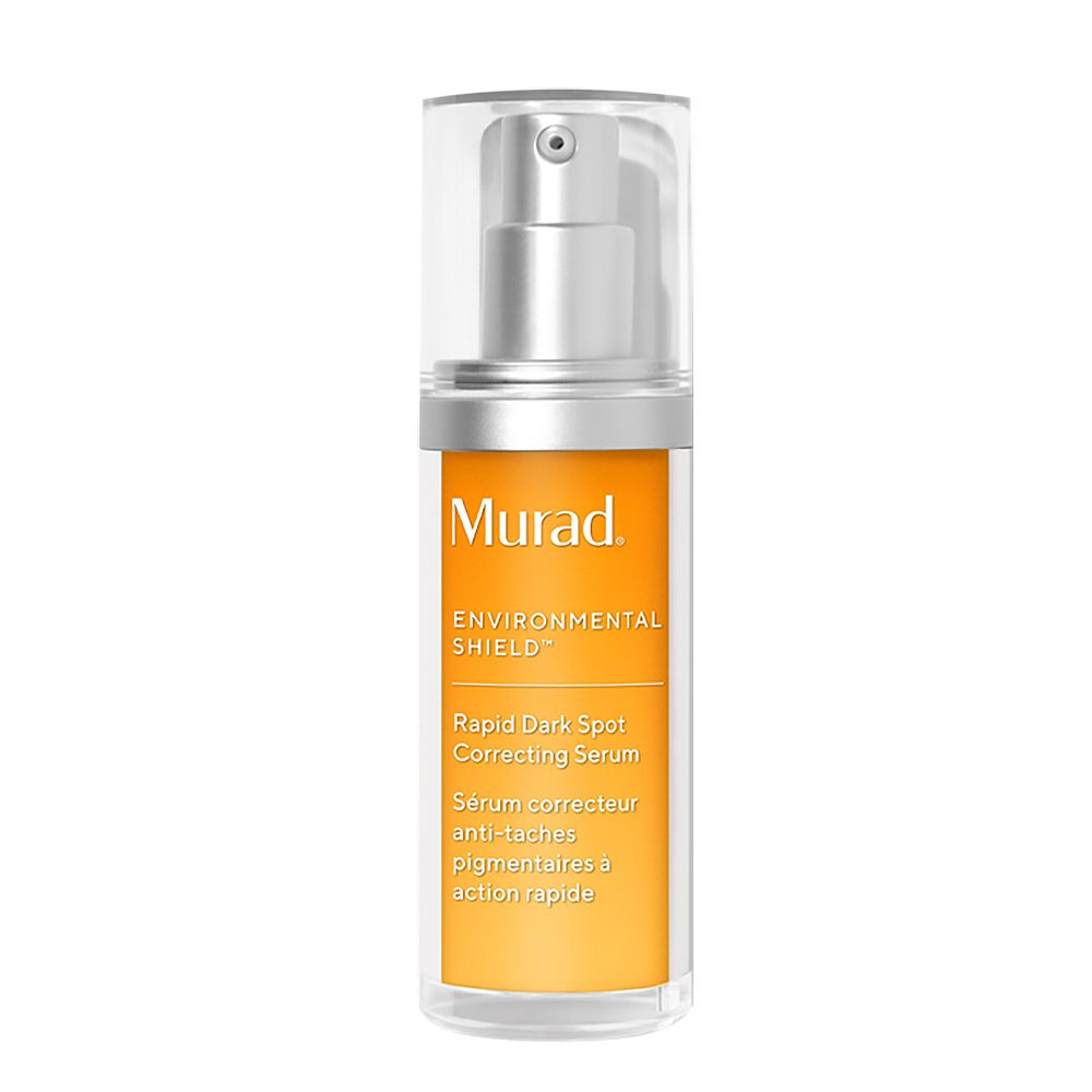 Serumfles met sproeikop. Oranje etiket met tekst: Murad, Rapid Dark Spot Correcting Serum.
