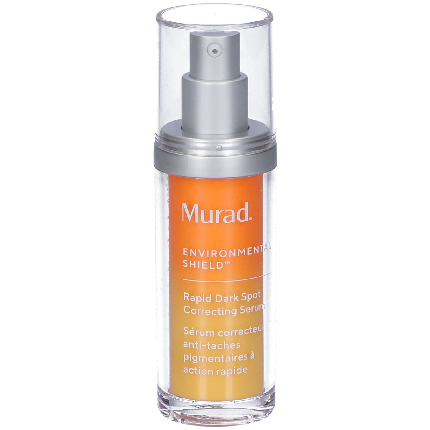 Serumfles met sproeikop. Oranje etiket met tekst: Murad, Rapid Dark Spot Correcting Serum.