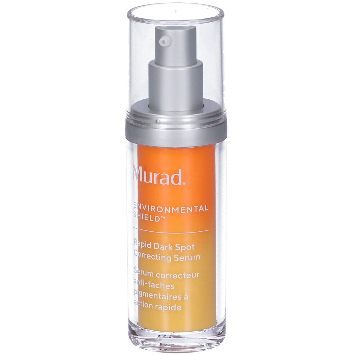 Serumfles met sproeikop. Oranje etiket met tekst: Murad, Rapid Dark Spot Correcting Serum.