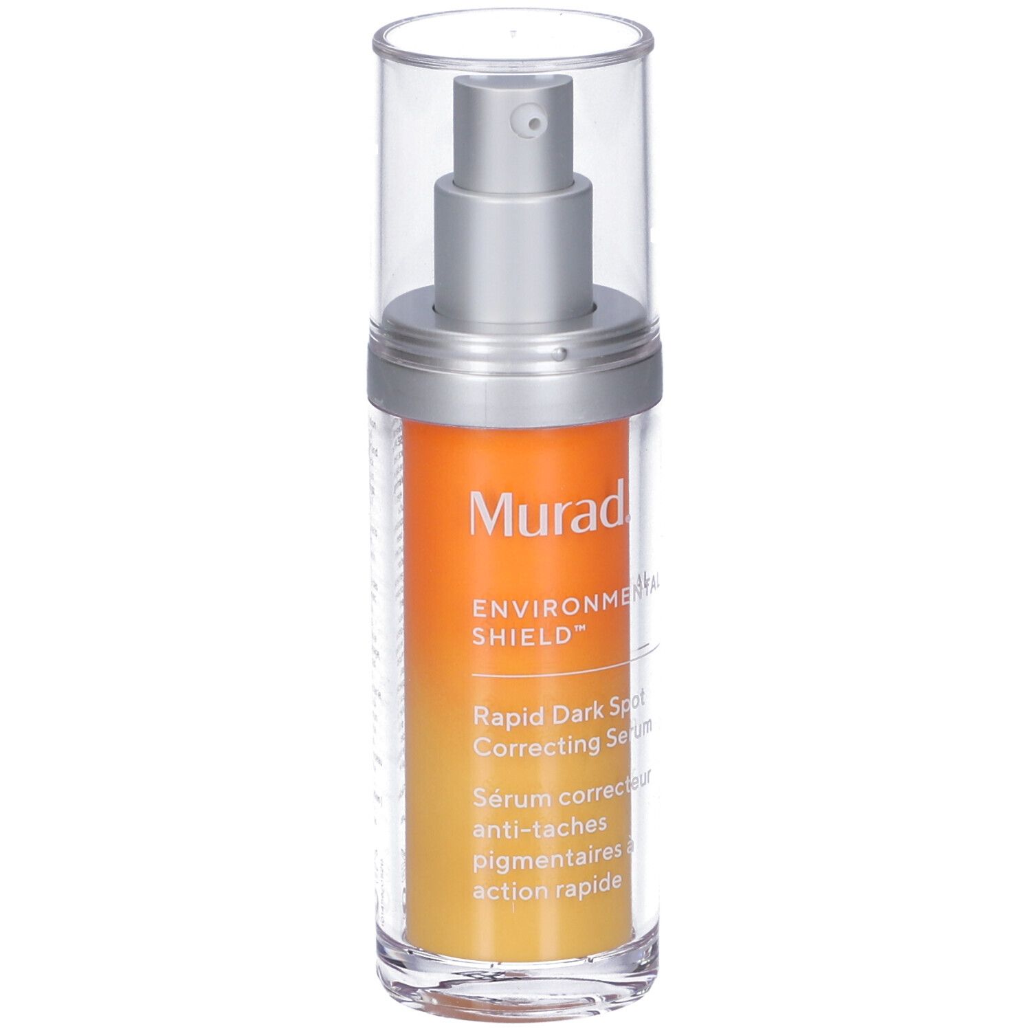 Serumfles met sproeikop. Oranje etiket met tekst: Murad, Rapid Dark Spot Correcting Serum.