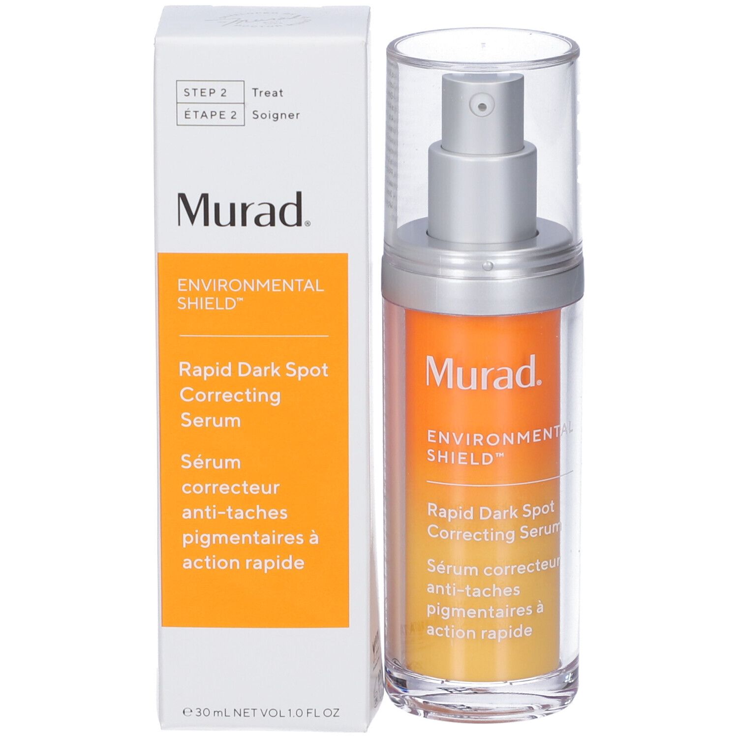 Serumfles en doos. Op de doos staat: Murad, Rapid Dark Spot Correcting Serum.