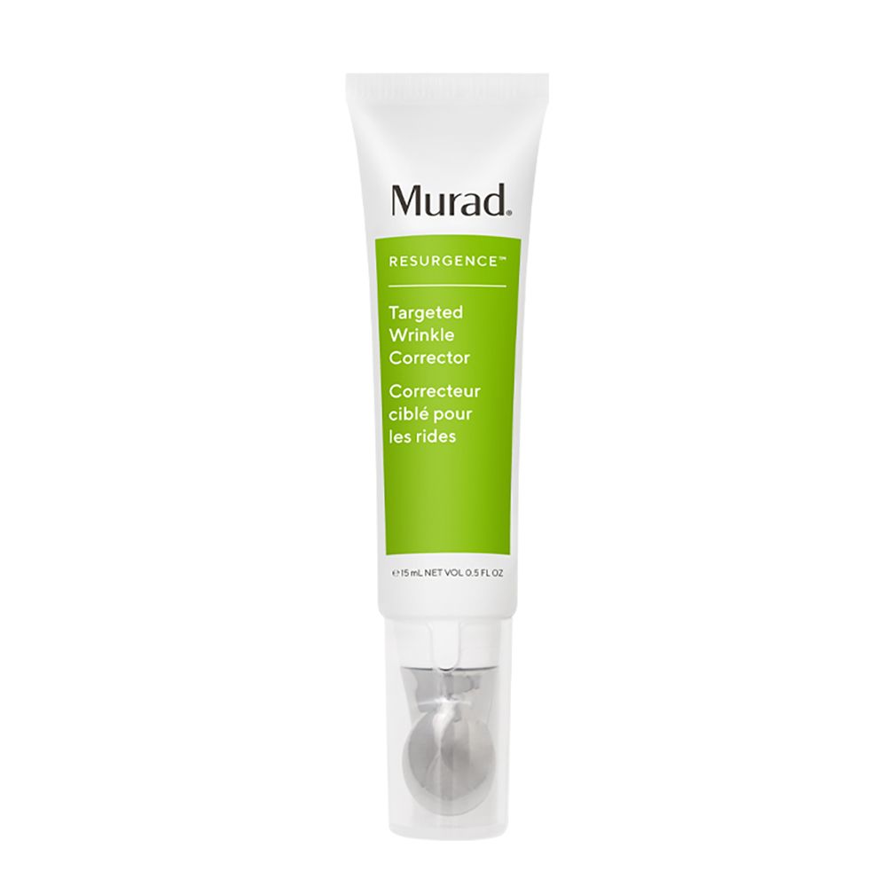 Tube blanc avec étiquette verte. Inscription : Murad, Resurgence, Targeted Wrinkle Corrector. Applicateur à bille.