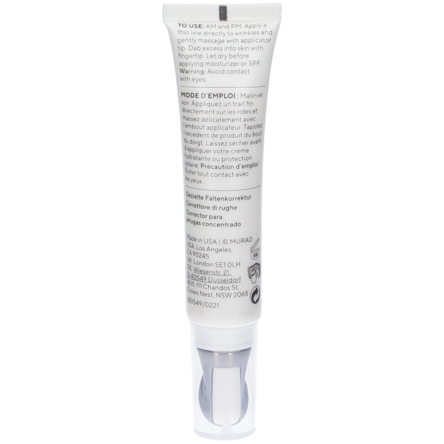 Emballage et tube du produit. Emballage : blanc, vert. Tube : blanc, vert, applicateur à bille. Inscription : Murad.