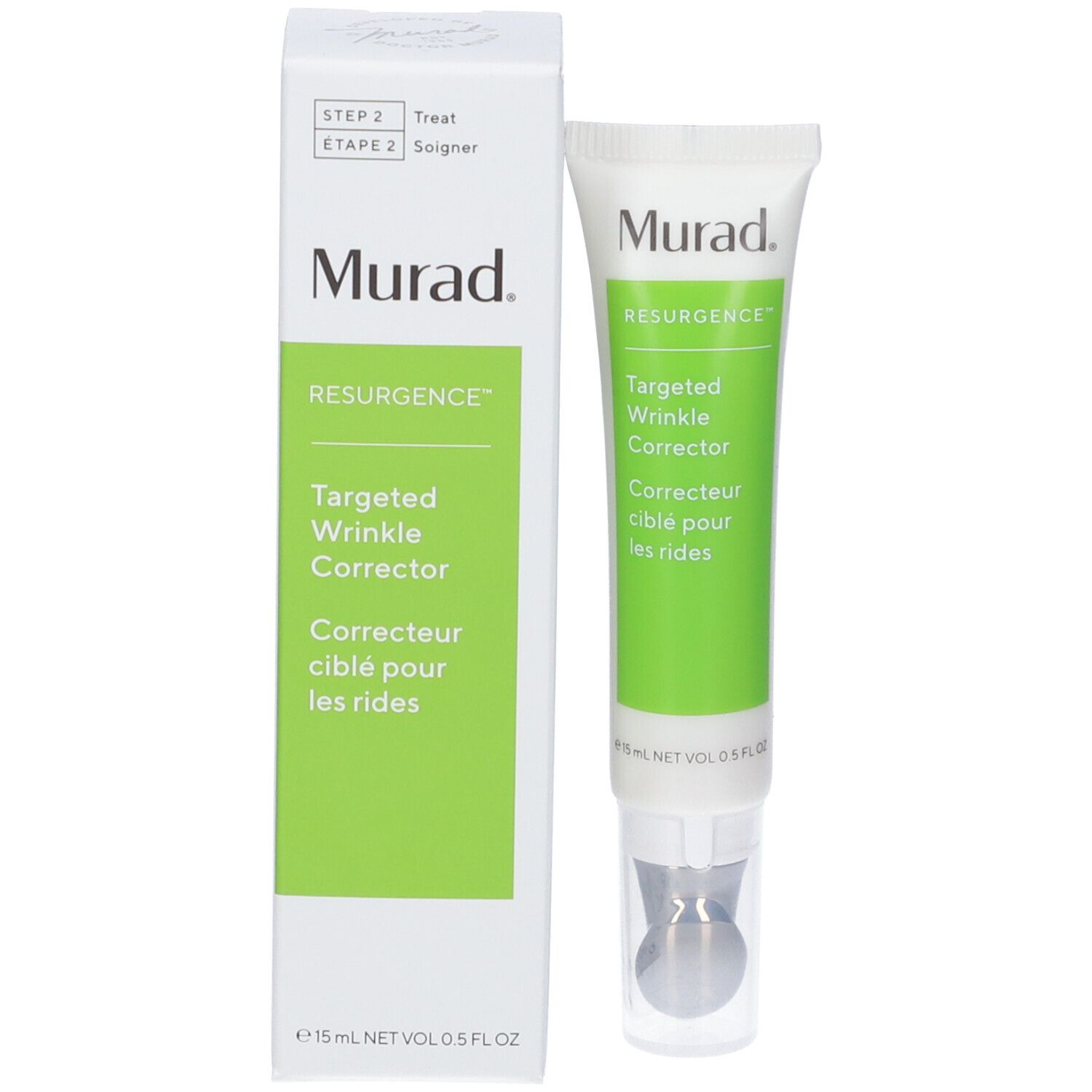 Emballage du produit. Blanc avec des accents verts. Inscription : Murad, Targeted Wrinkle Corrector.