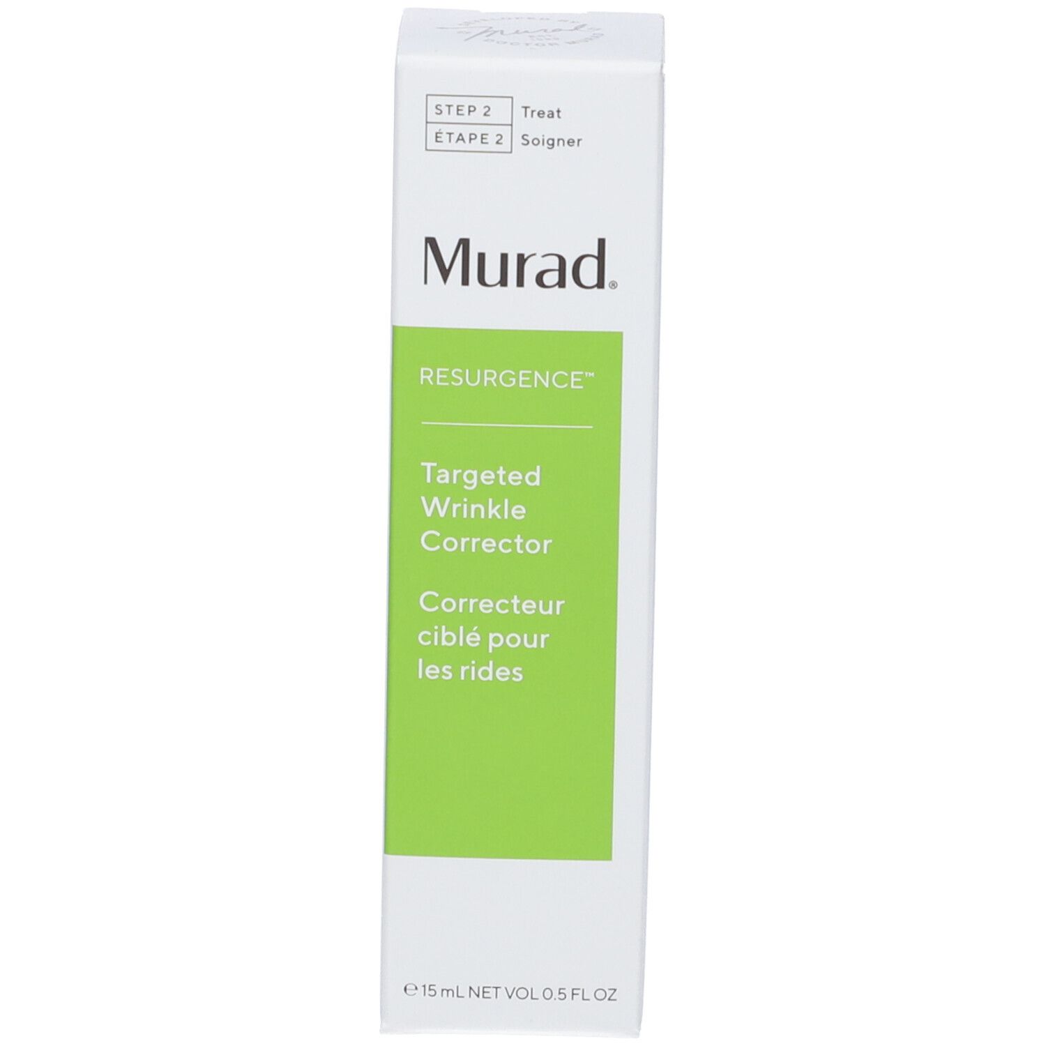 Côté de l'emballage du produit. Texte en plusieurs langues. Inscription : Murad, Targeted Wrinkle Corrector.