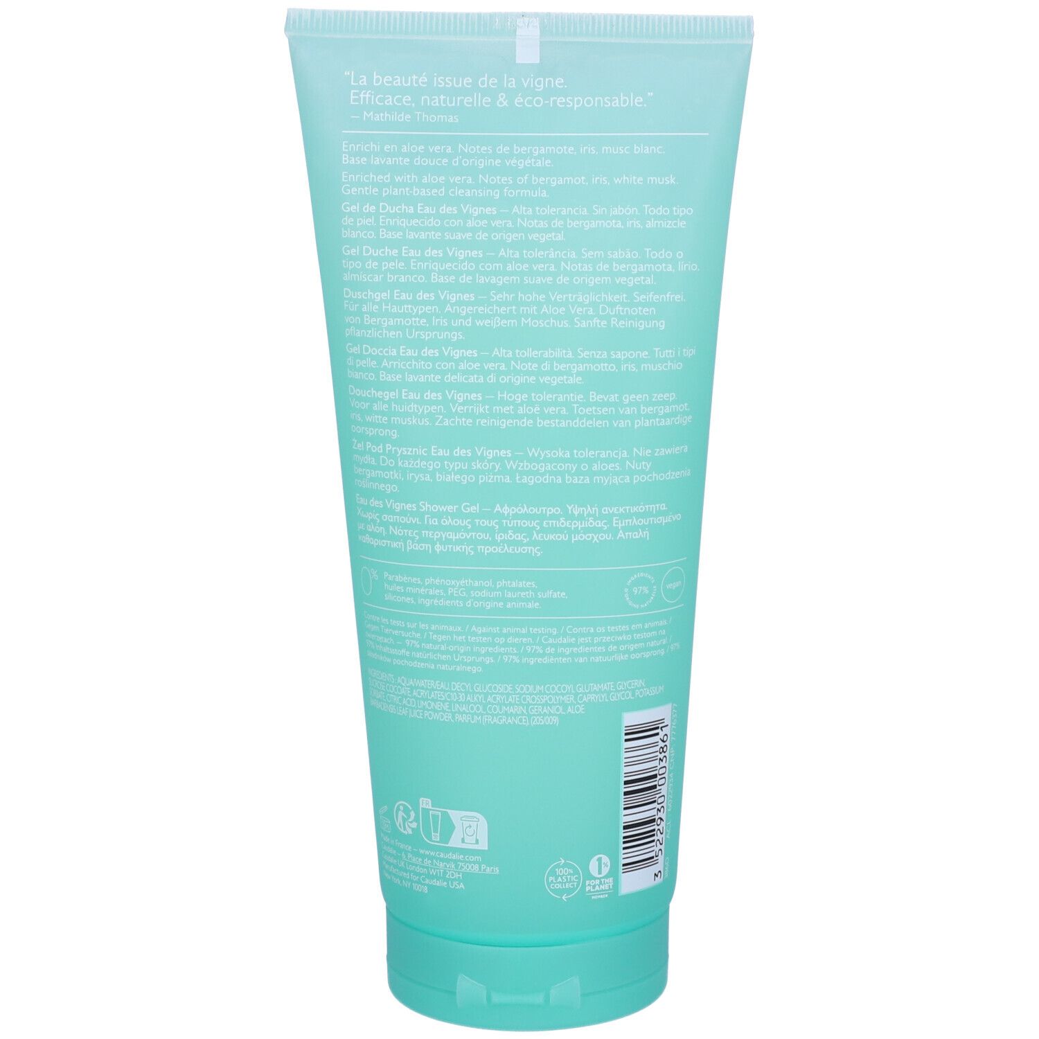 Tube turquoise avec étiquette arrière listant les ingrédients et certifications.