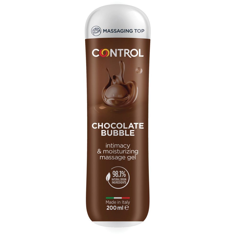 Flacon de gel de massage Control Choco avec embout massant et éclaboussures de chocolat.