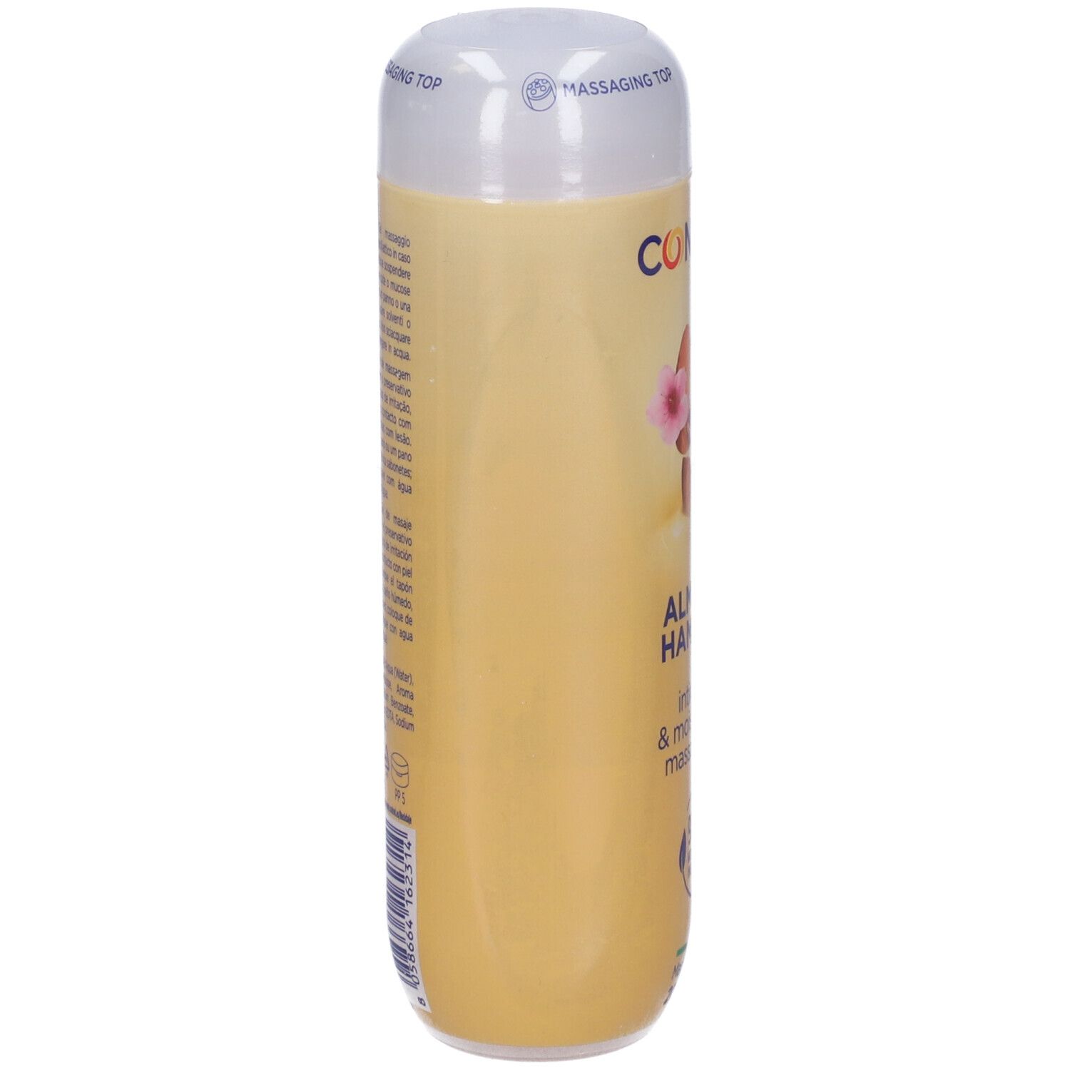 Bouteille jaune avec bouchon blanc, inscription "AU", "HA" et "& m".