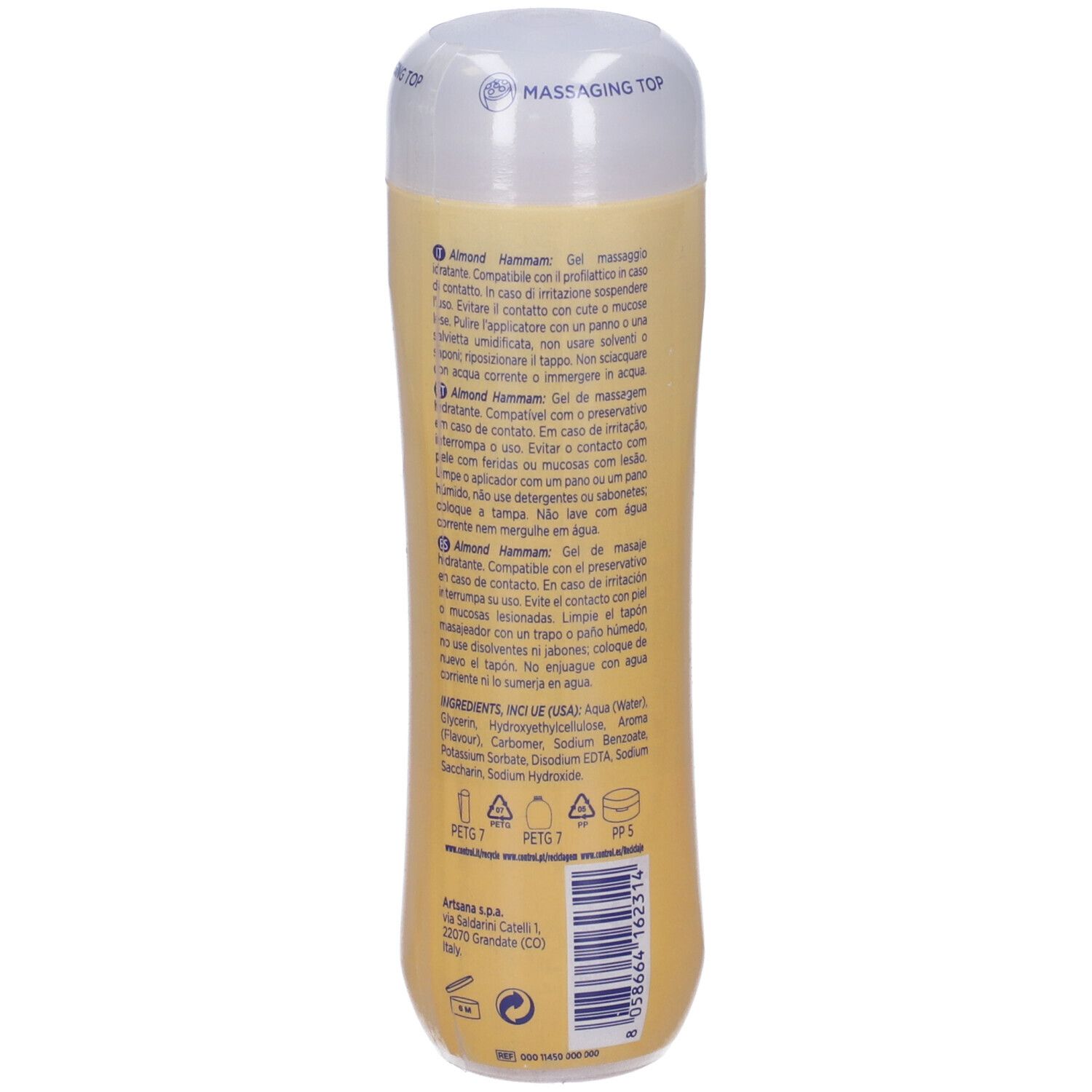 Flacon de gel avec bouchon blanc et étiquette listant les ingrédients et les instructions.