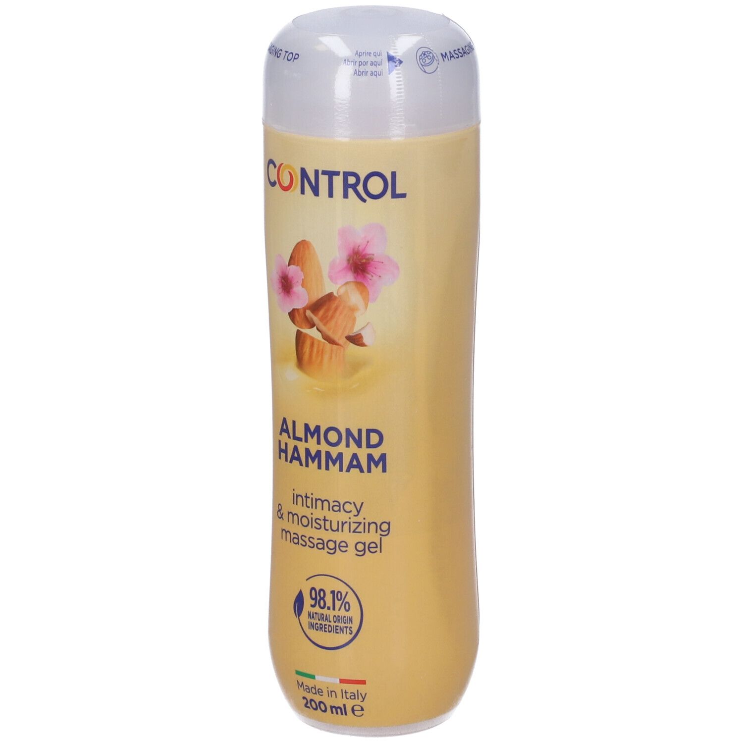 Gel de massage Control Almond Hammam dans une bouteille beige clair avec des amandes et des fleurs roses.