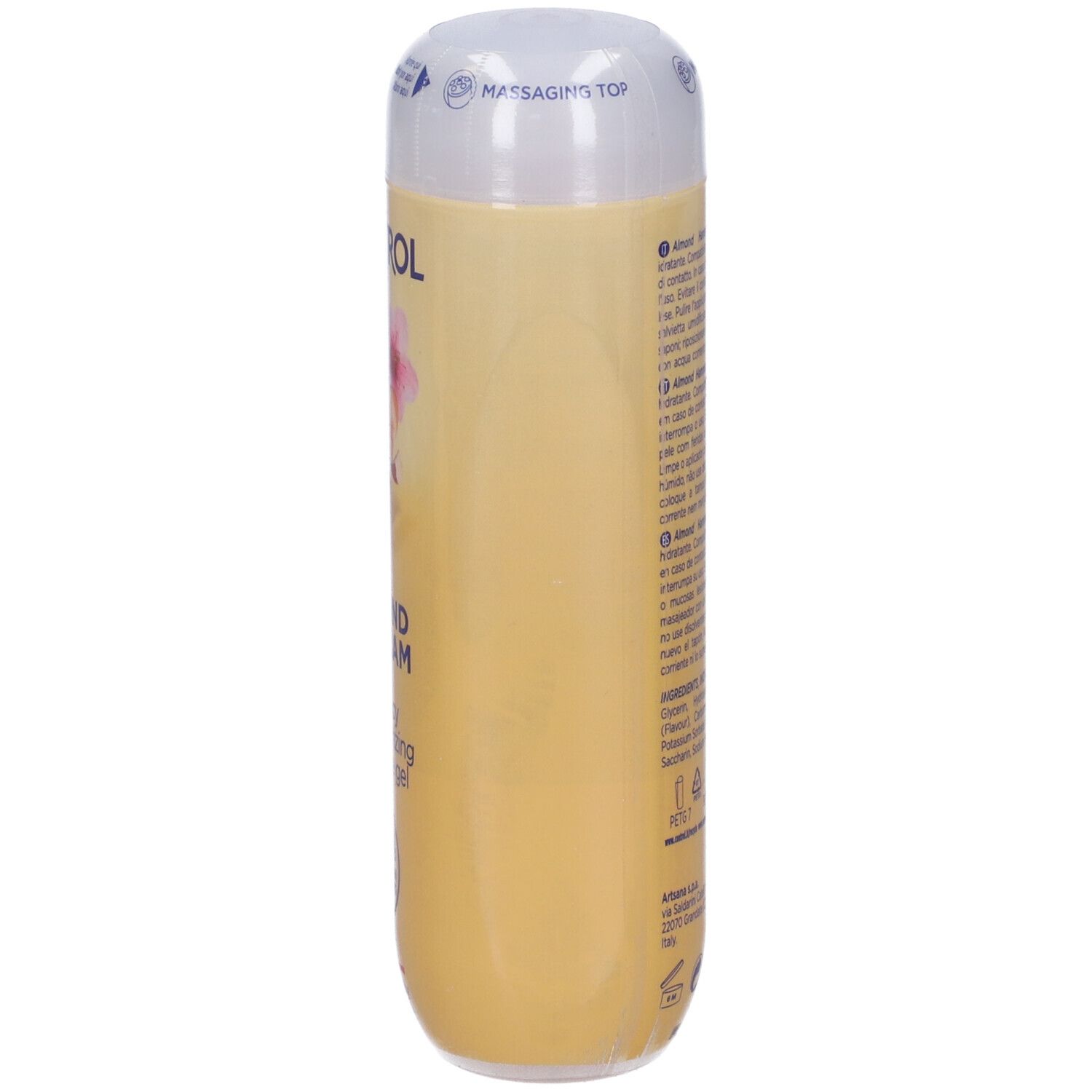 Bouteille jaune avec embout massant et inscription 'MASSAGING TOP'.