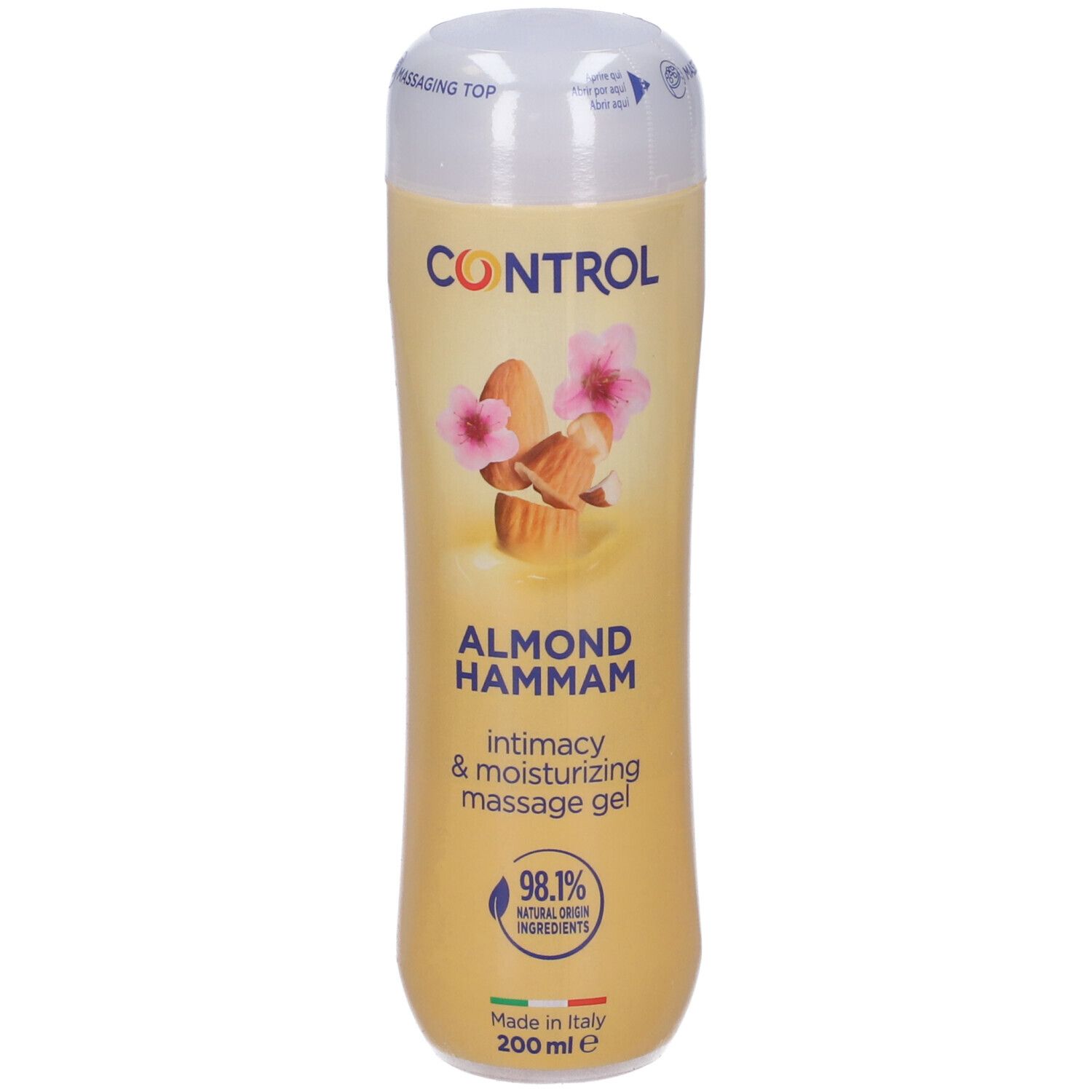 Gel de massage Control Almond Hammam, flacon de 200 ml avec amandes et fleurs roses.