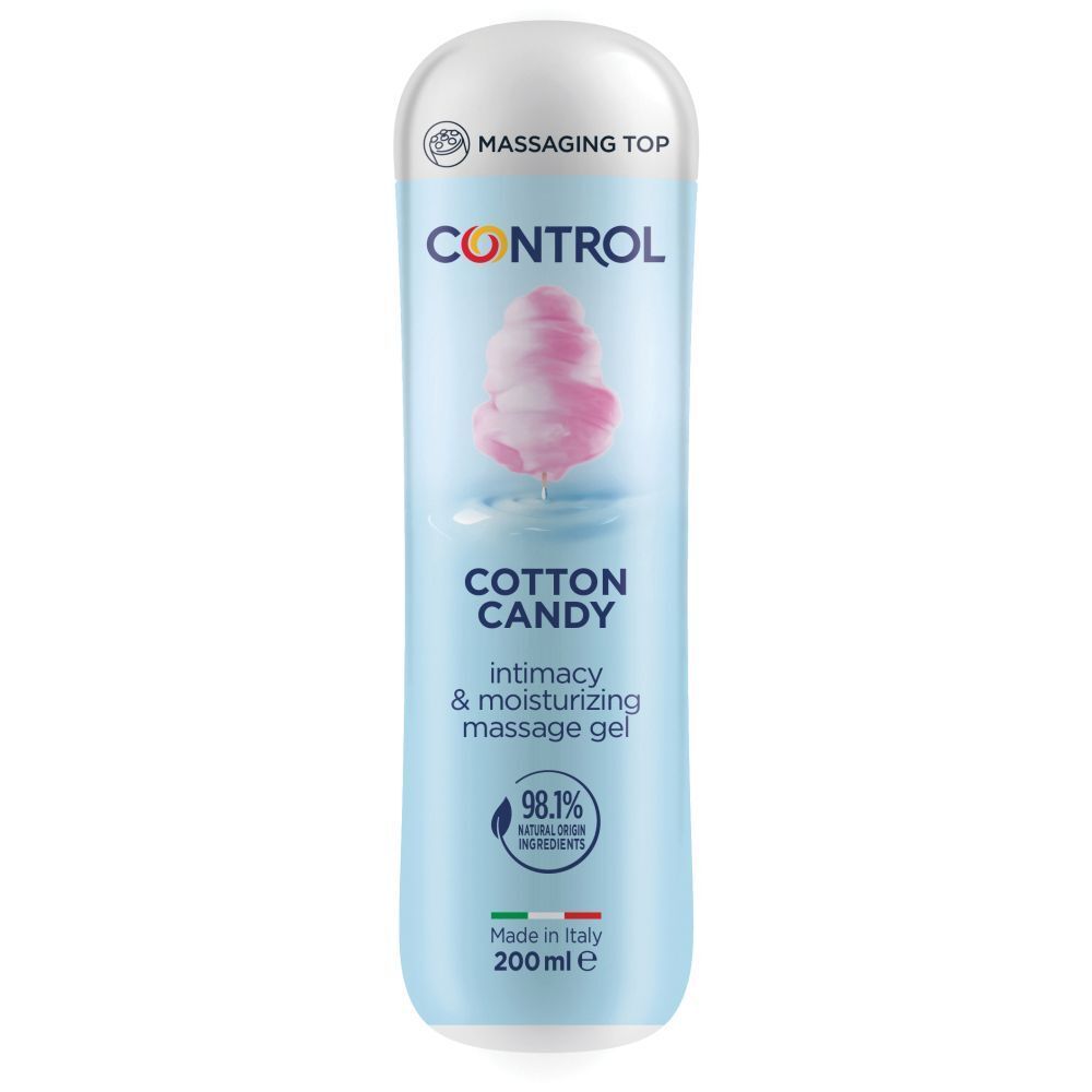 Control Cotton Candy glijmiddel, 200 ml fles met suikerspin afbeelding.