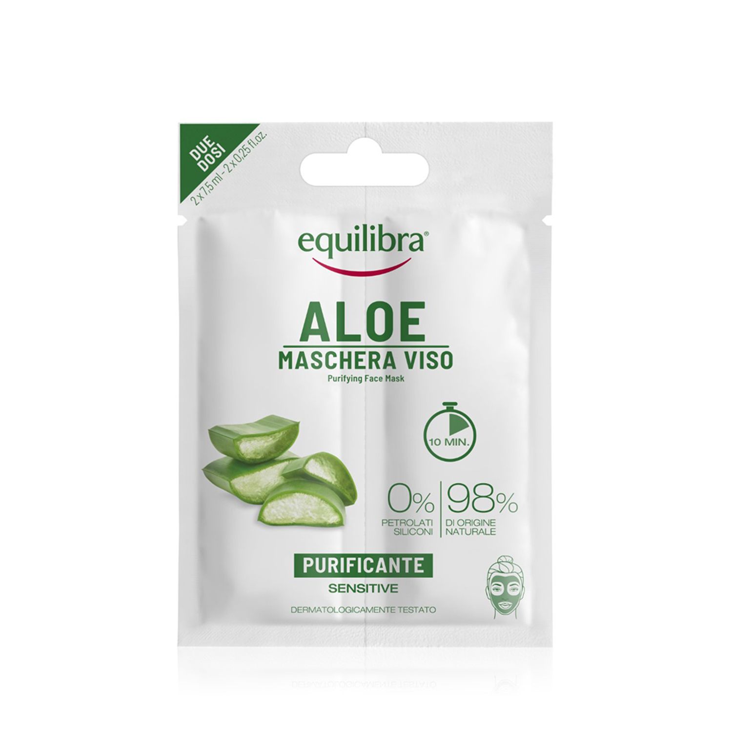 Masque visage en sachet blanc. Marque Equilibra, logo Aloe, texte Purificante, Sensitive. Illustration de feuilles d'aloe vera.