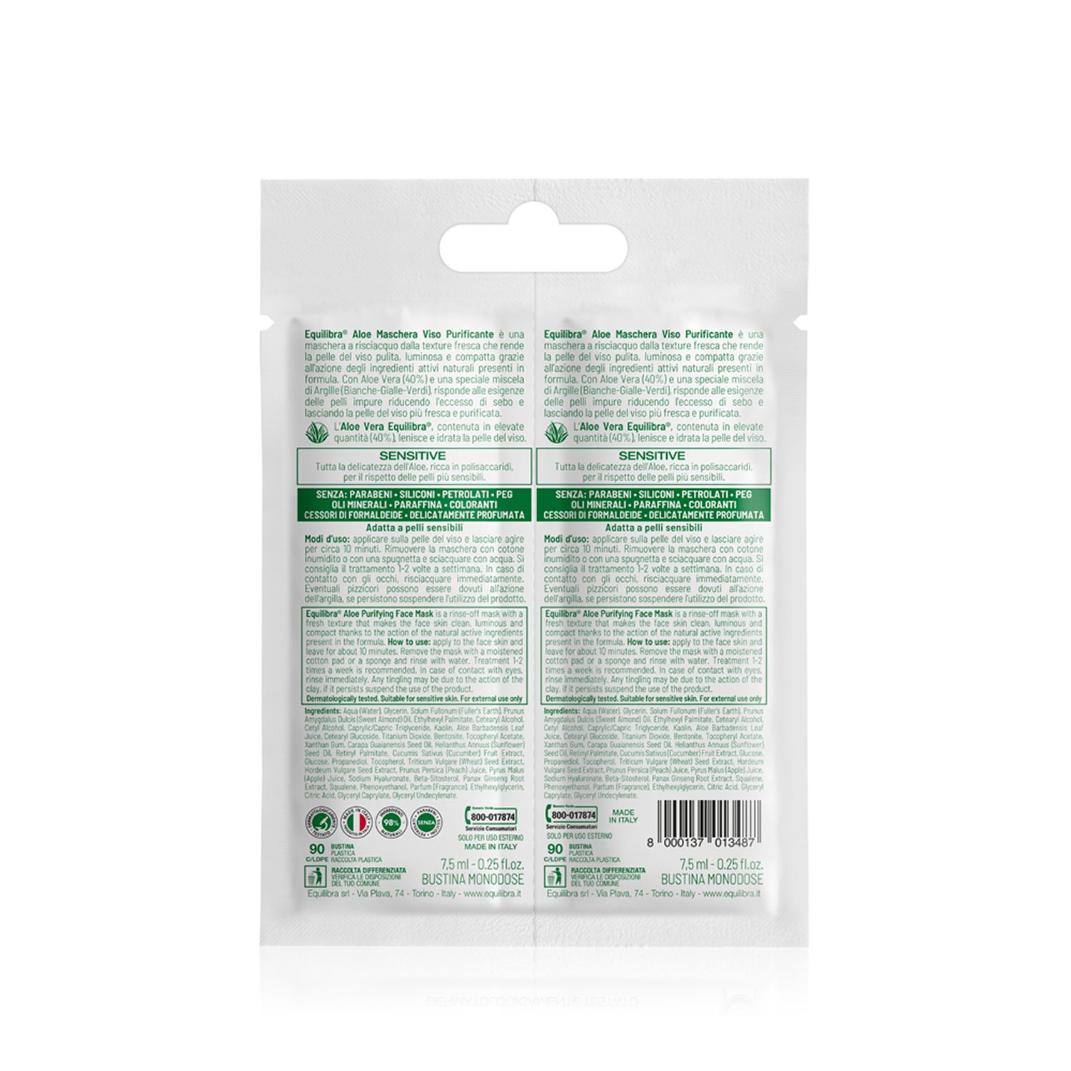 Dos du sachet de masque facial. Texte en italien, ingrédients, instructions d'utilisation, logos et certifications.