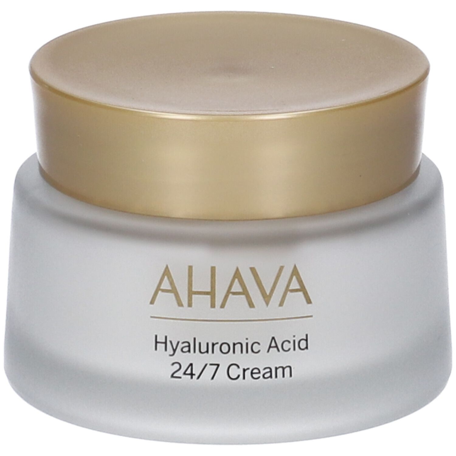 Crèmepot met gouden deksel. Op de pot staat AHAVA, Hyaluronic Acid 24/7 Cream.