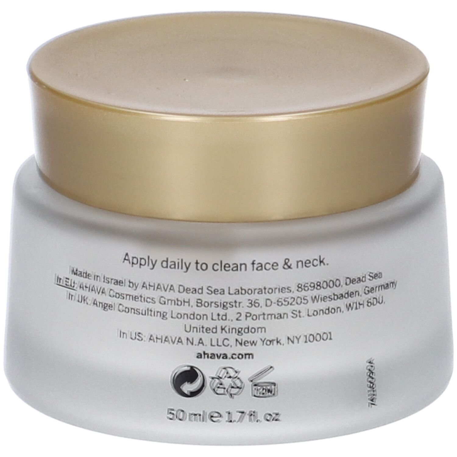 Achterkant van de crèmepot. Tekst: Apply daily to clean face & neck. AHAVA.com. 50 ml e 1.7 fl. oz.