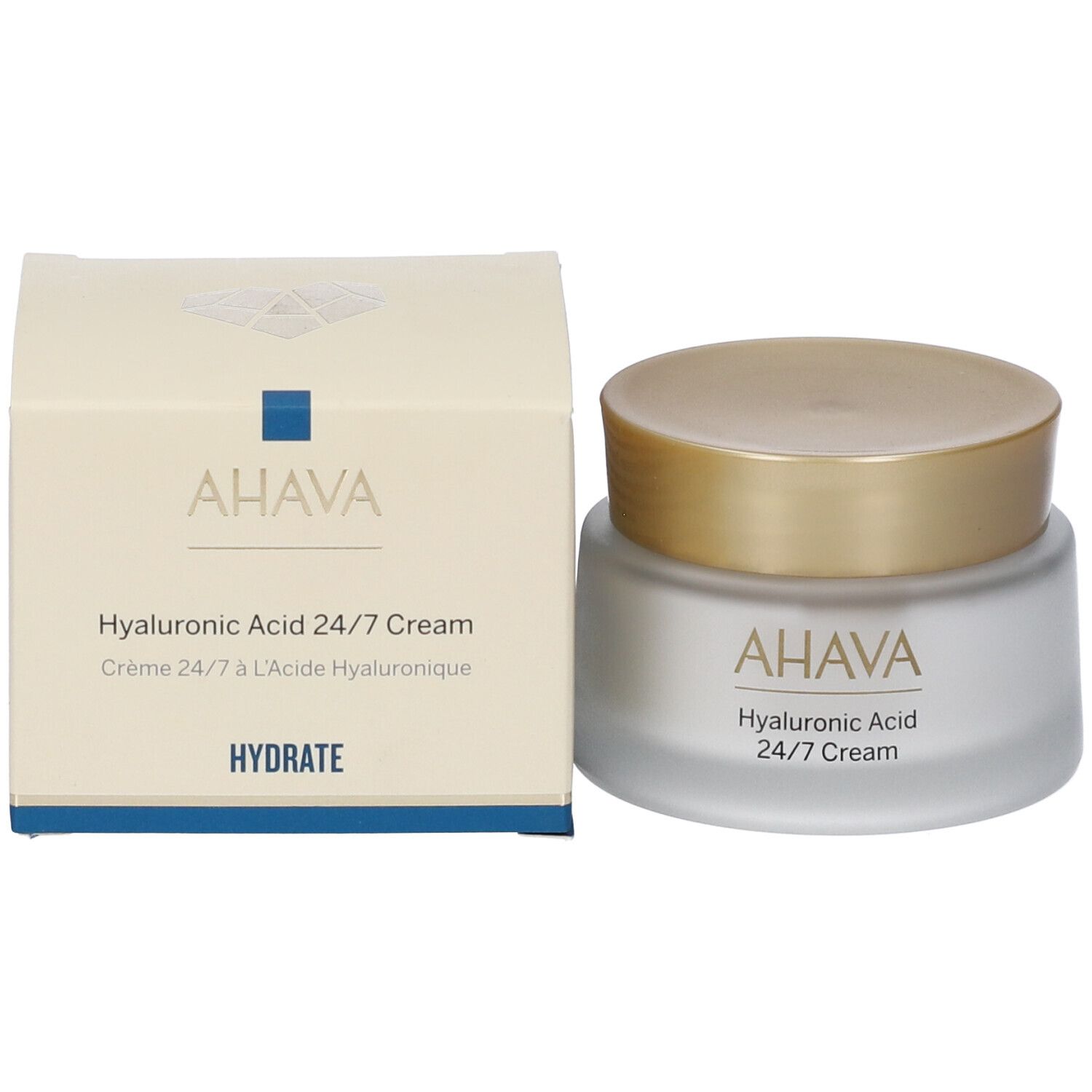 Crèmepot en doos. Op de doos staat AHAVA, Hyaluronic Acid 24/7 Cream. Hydrate.