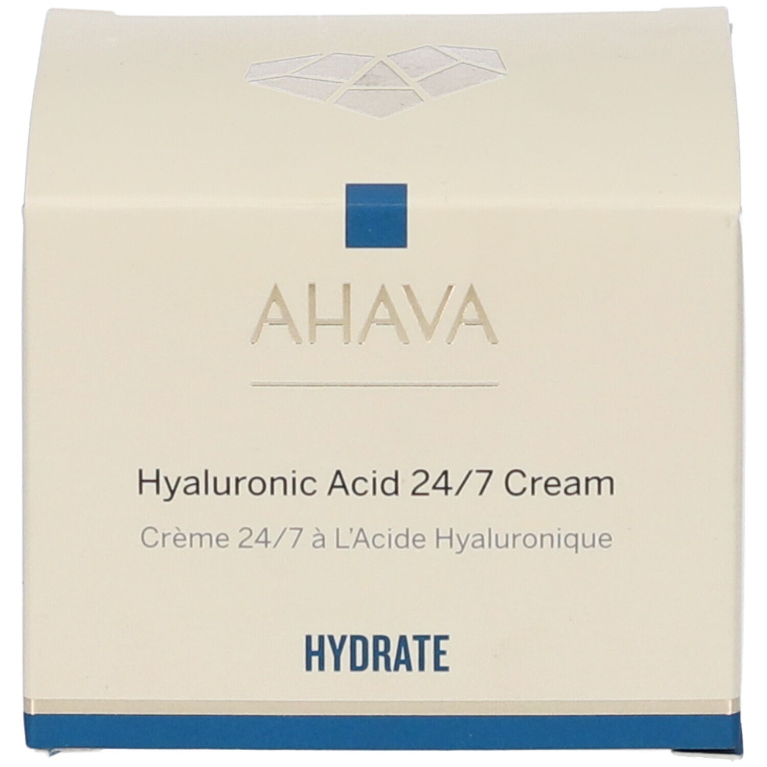 Voorkant van de doos. AHAVA, Hyaluronic Acid 24/7 Cream. Crème 24/7 à l'Acide Hyaluronique. Hydrate.