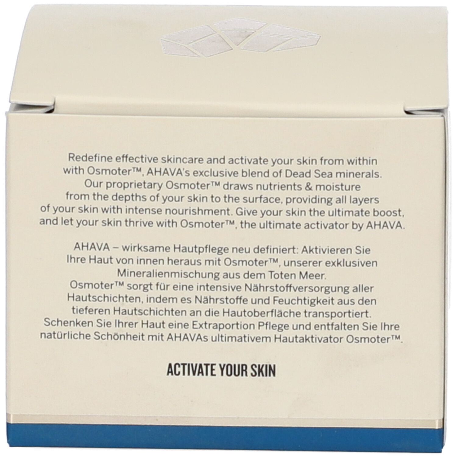 Zijkant van de doos. Tekst: Redefine effective skincare and activate your skin from within. Activate your skin.