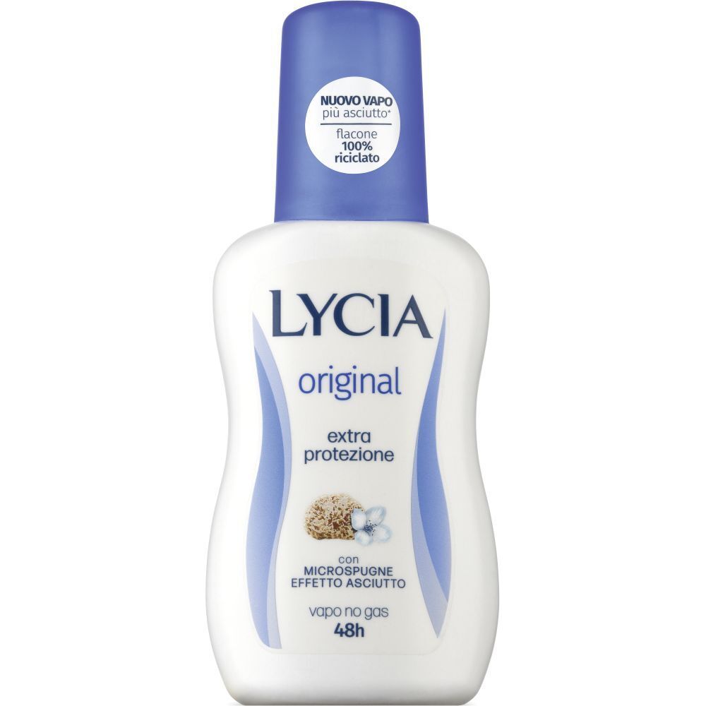Bouteille déodorante Lycia Original avec bouchon bleu. Inscriptions : 'extra protezione', 'con microspugne effetto asciutto', 'vapo no gas 48h'.