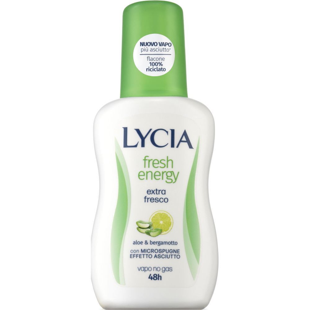 Déodorant Lycia Fresh Energy à l'aloe et à la bergamote, protection 48h, flacon 100% recyclable.