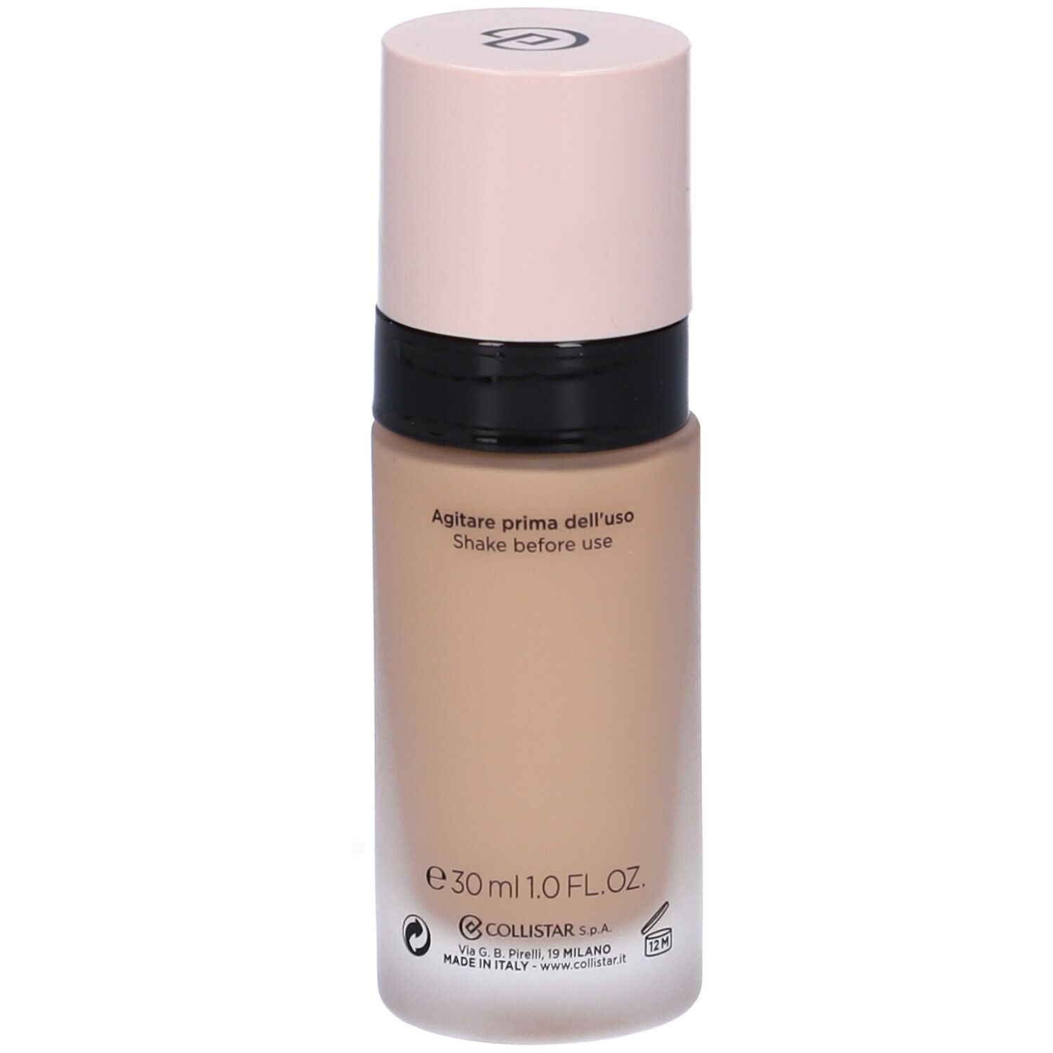 Flacon de fond de teint beige avec bouchon rose. Inscriptions : Agitare prima dell'uso, Shake before use. En bas : e 30 ml 1.0 FL.OZ., COLLISTAR s.p.a.