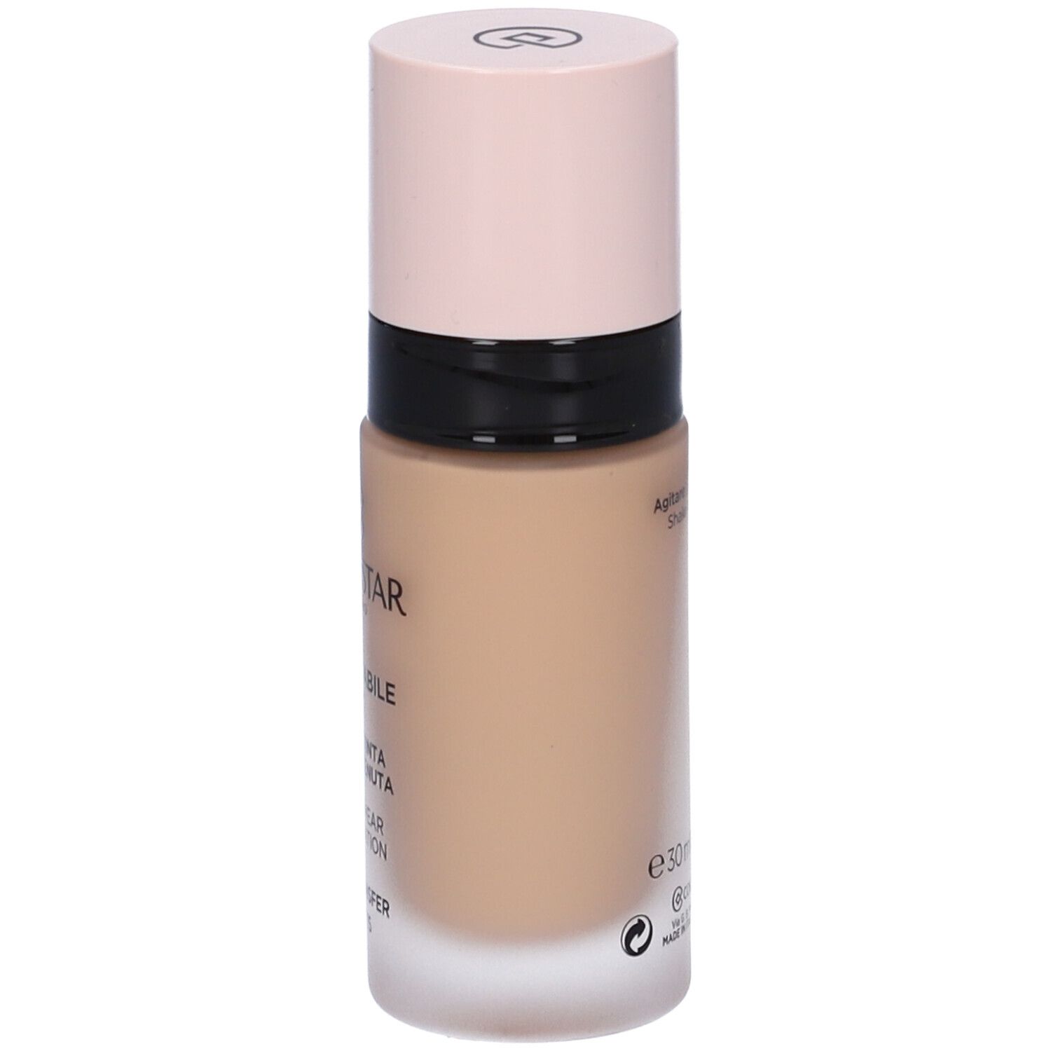 Flacon de fond de teint beige avec bouchon rose. Inscriptions : COLLISTAR, IMPECCABILE, FONDOTINTA LUNGA TENUTA, LONG WEAR FOUNDATION, NO TRANSFER, SPF 15, e 30 ml.