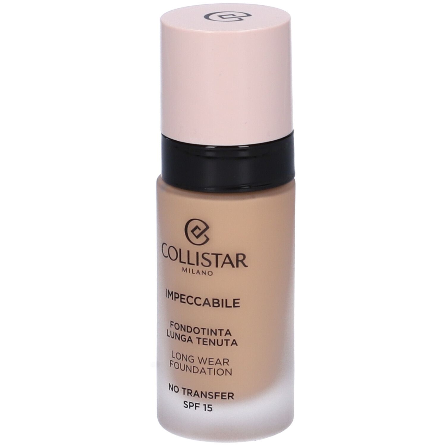 Flacon de fond de teint beige avec bouchon rose. Inscriptions : COLLISTAR MILANO, IMPECCABILE, FONDOTINTA LUNGA TENUTA, LONG WEAR FOUNDATION, NO TRANSFER, SPF 15.