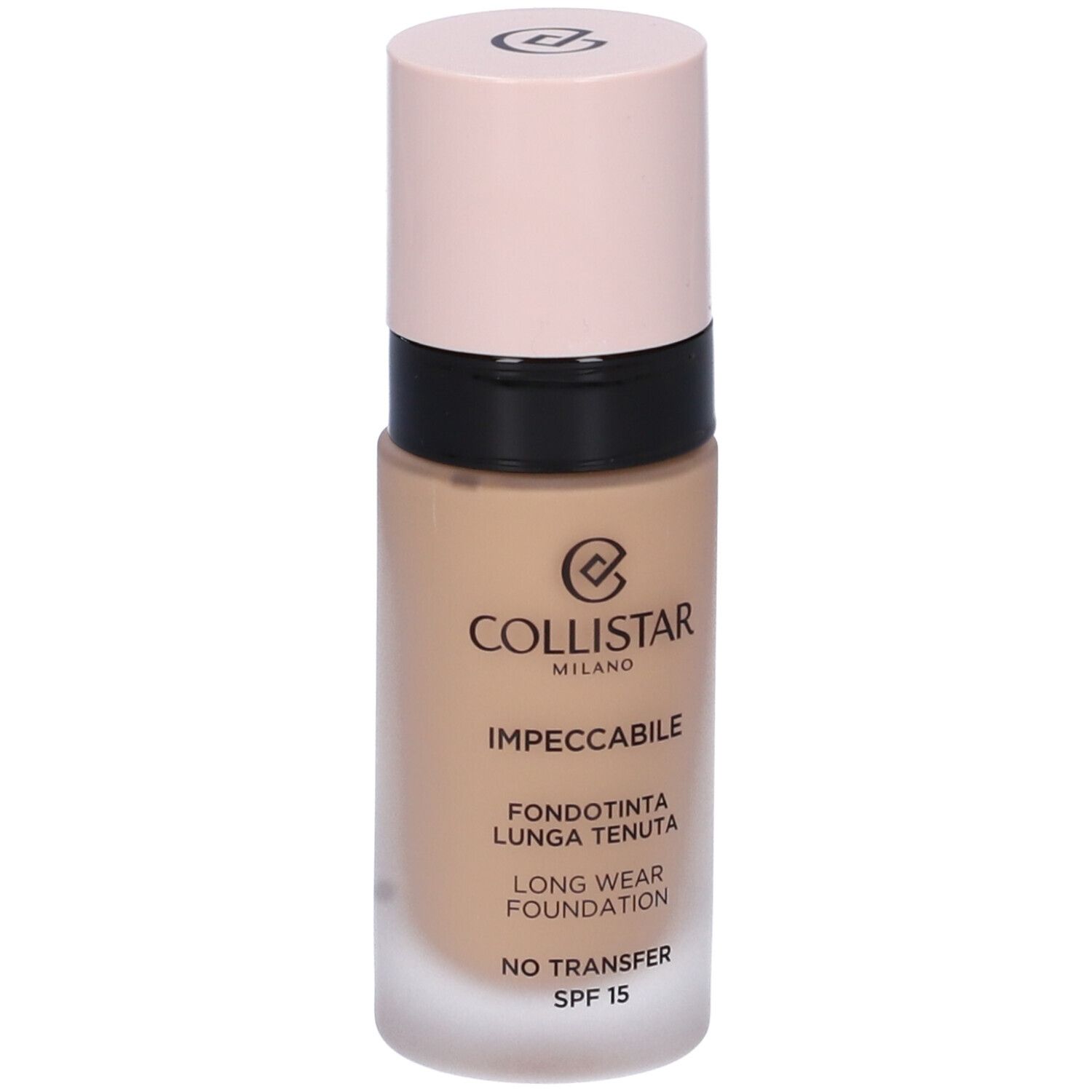Flacon de fond de teint beige avec bouchon rose. Inscriptions : COLLISTAR MILANO, IMPECCABILE, FONDOTINTA LUNGA TENUTA, LONG WEAR FOUNDATION, NO TRANSFER, SPF 15.