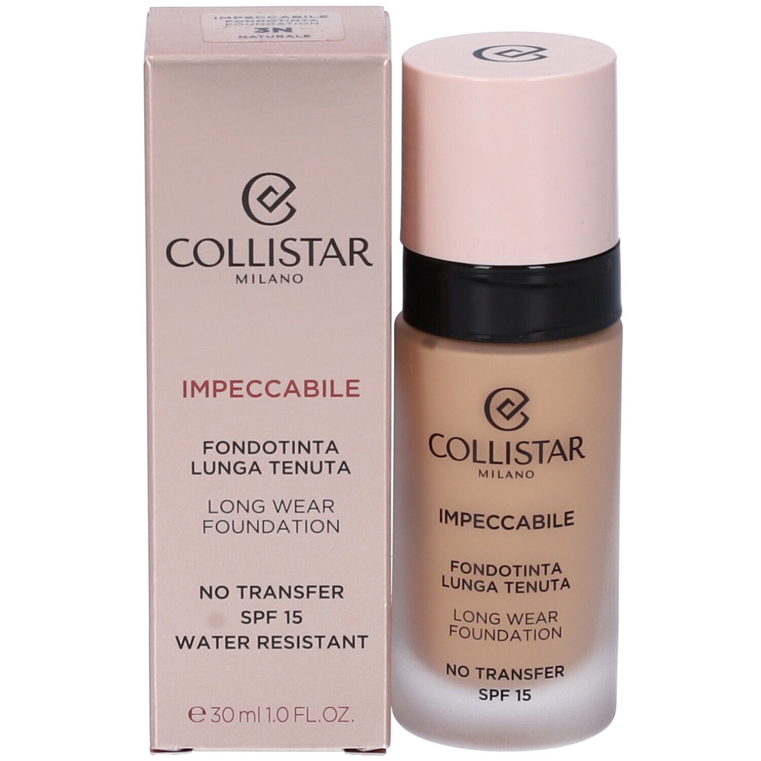 Flacon de fond de teint et emballage. Flacon : beige avec bouchon rose. Emballage : rose avec inscriptions : COLLISTAR, IMPECCABILE, FONDOTINTA LUNGA TENUTA, SPF 15, WATER RESISTANT.