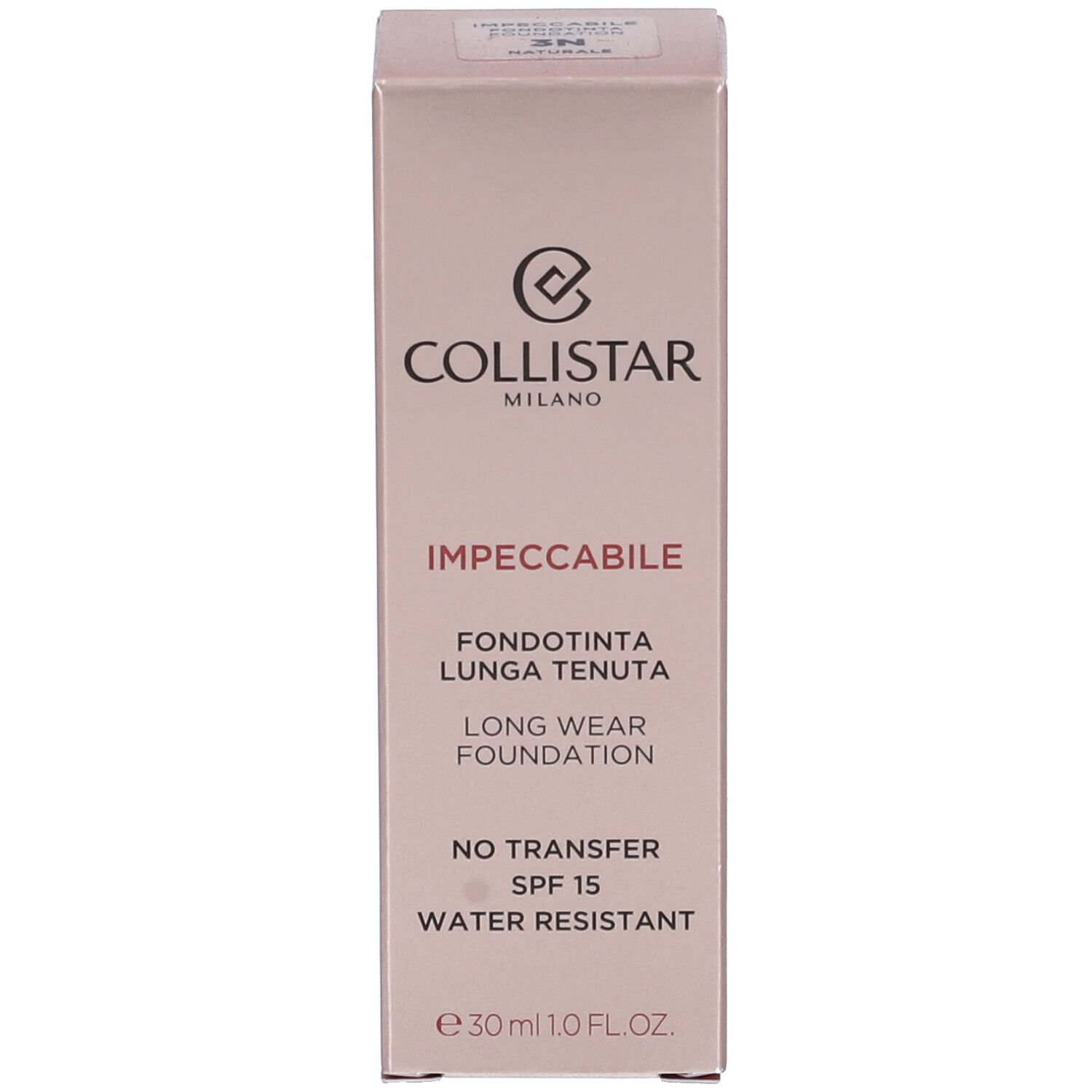 Emballage rose avec inscriptions : COLLISTAR, IMPECCABILE, FONDOTINTA LUNGA TENUTA, LONG WEAR FOUNDATION, NO TRANSFER, SPF 15, WATER RESISTANT, e 30 ml.