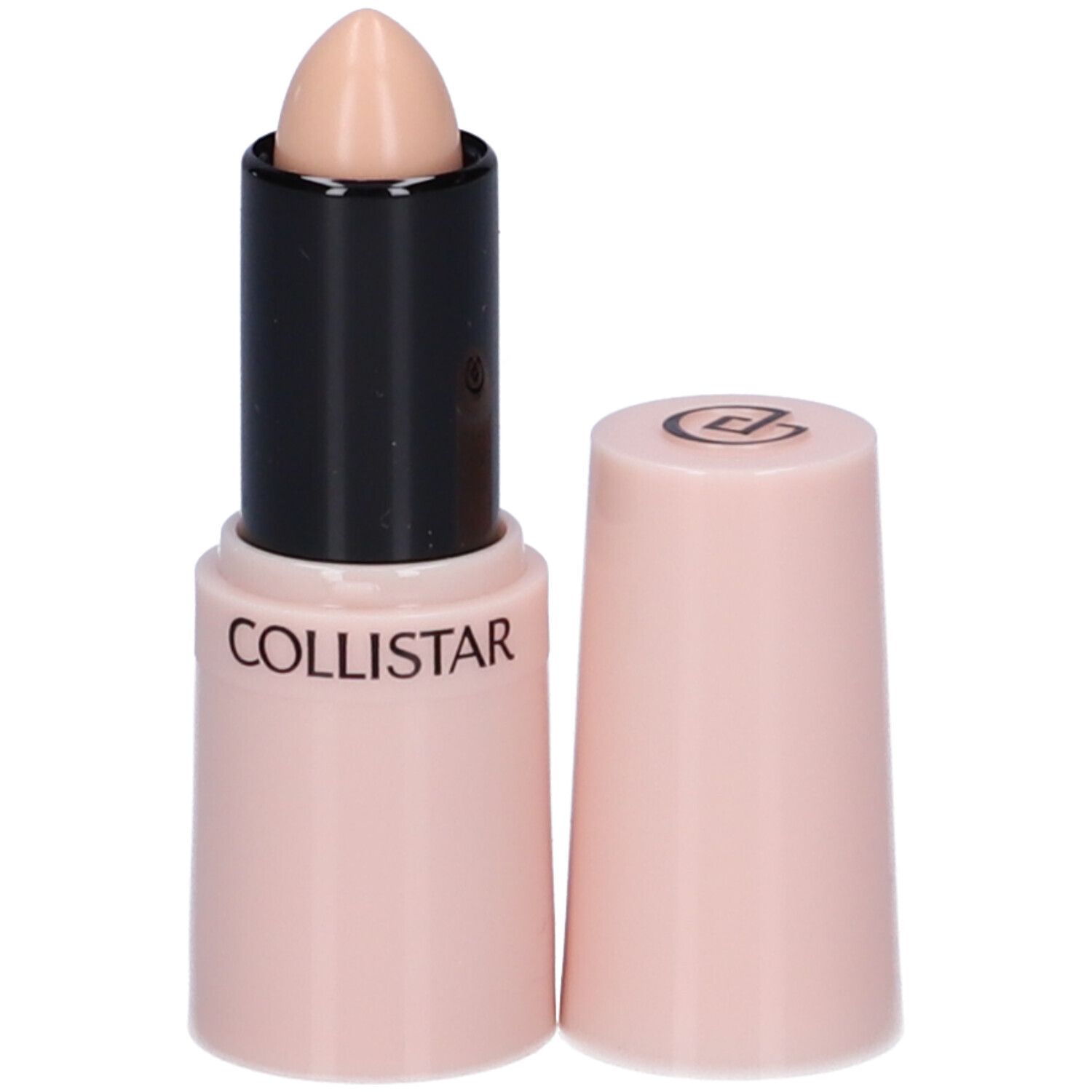Stick correcteur beige, corps rose, capuchon détaché. Marque COLLISTAR visible. Fond noir.