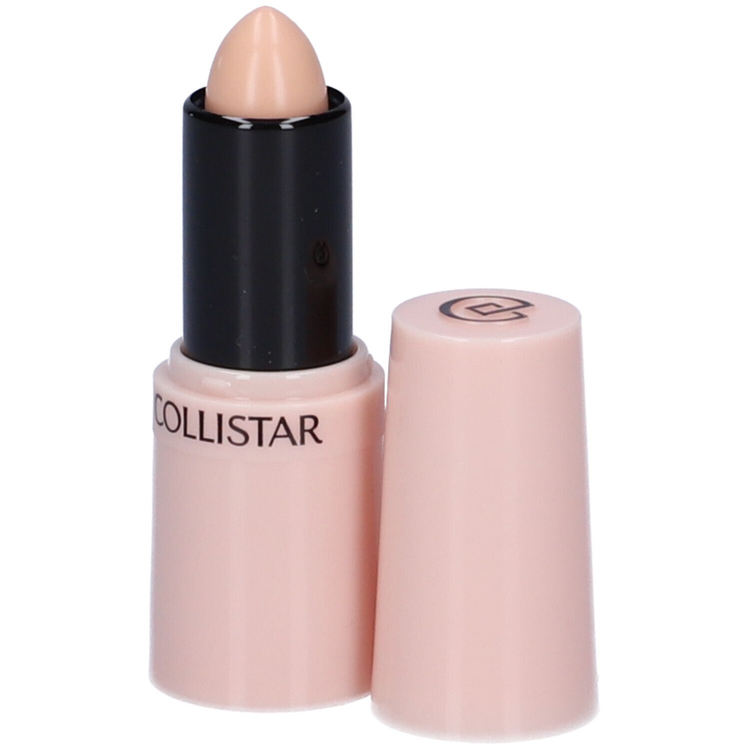 Stick correcteur beige, corps rose, capuchon détaché. Marque COLLISTAR visible. Fond noir.