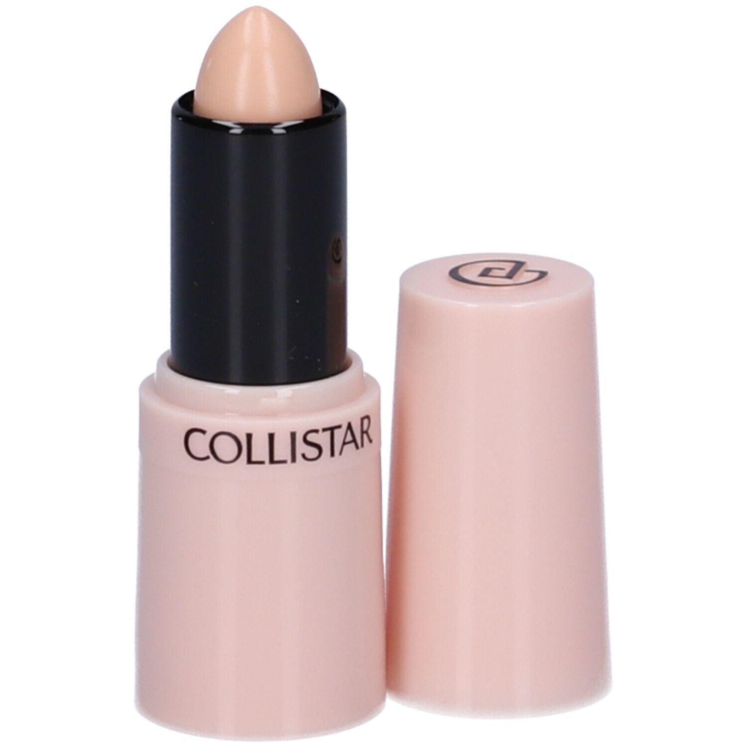 Stick correcteur beige, corps rose, capuchon détaché. Marque COLLISTAR visible. Fond noir.