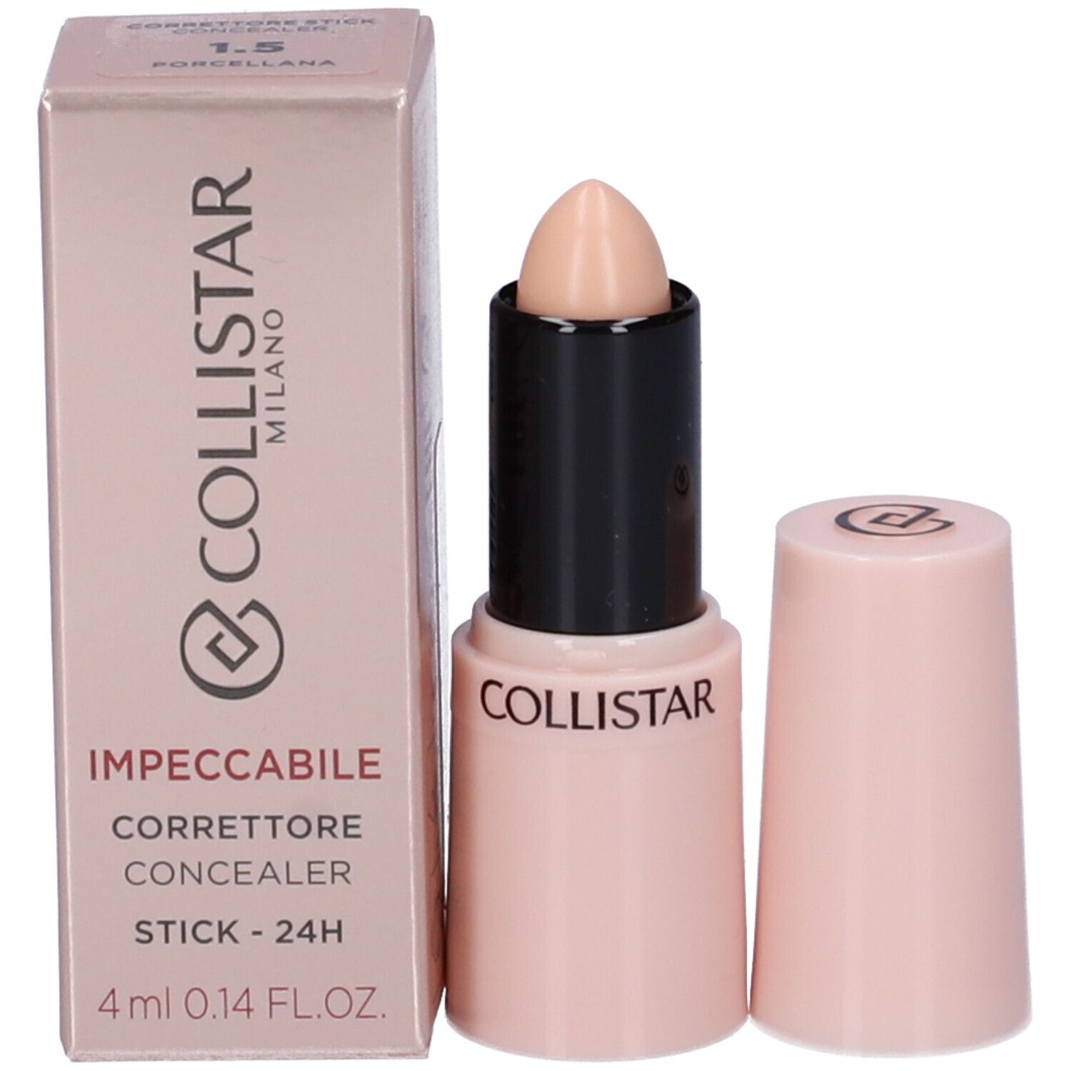 Stick correcteur beige, corps rose, emballage à côté. Marque COLLISTAR visible. Fond blanc.