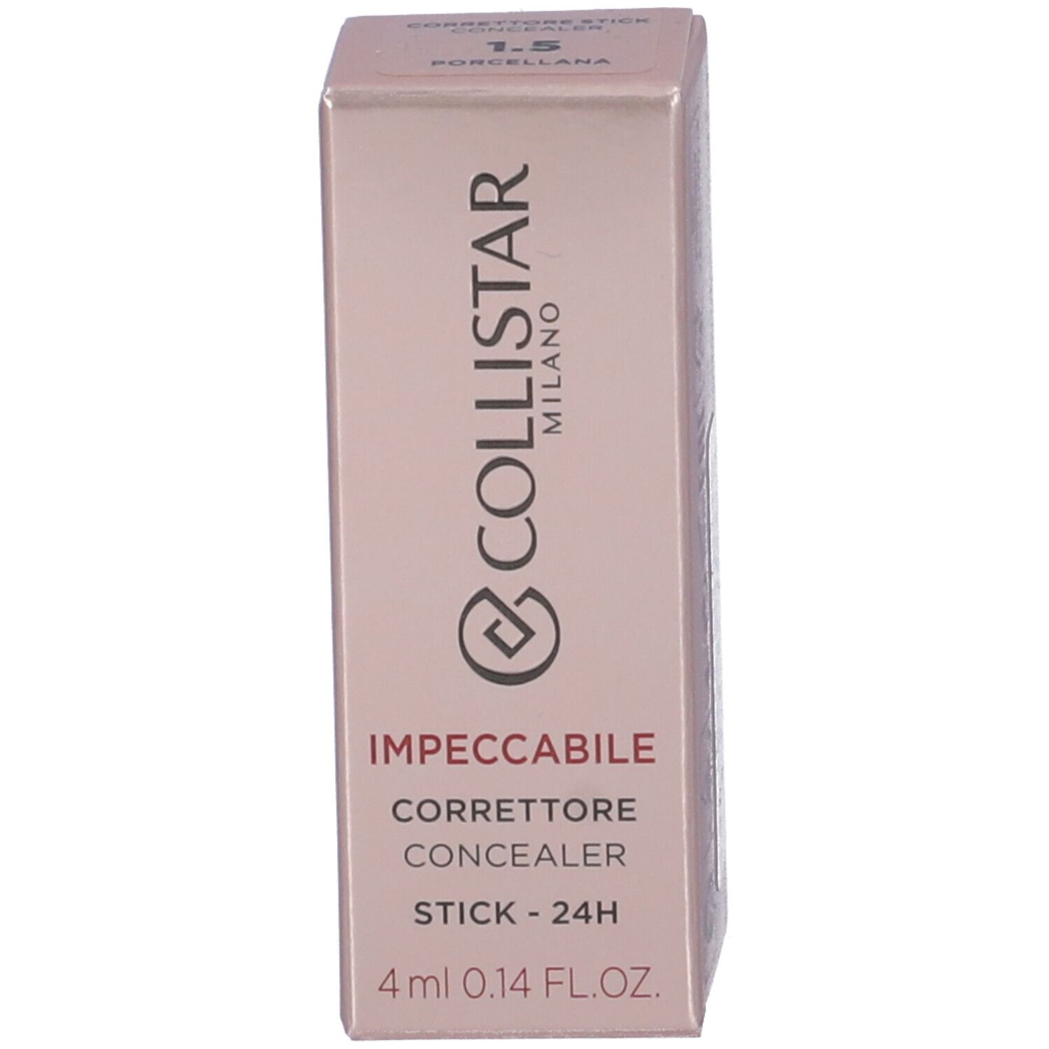 Emballage rose avec texte. Marque COLLISTAR, nom du produit, 1,5 Porcellana, 4ml.
